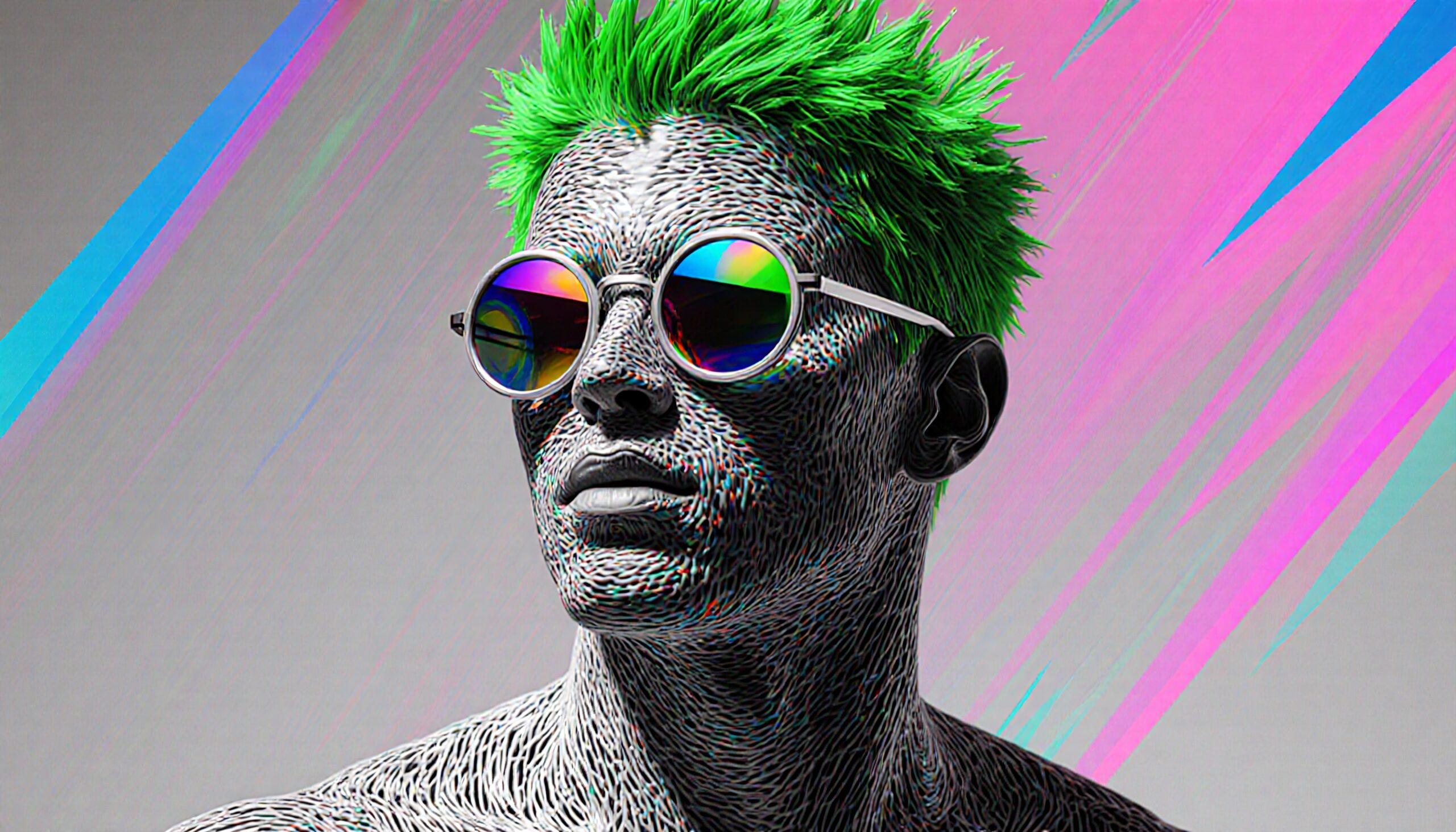 A person with neon green hair and rainbow glasses in an artistic abstract setting.
