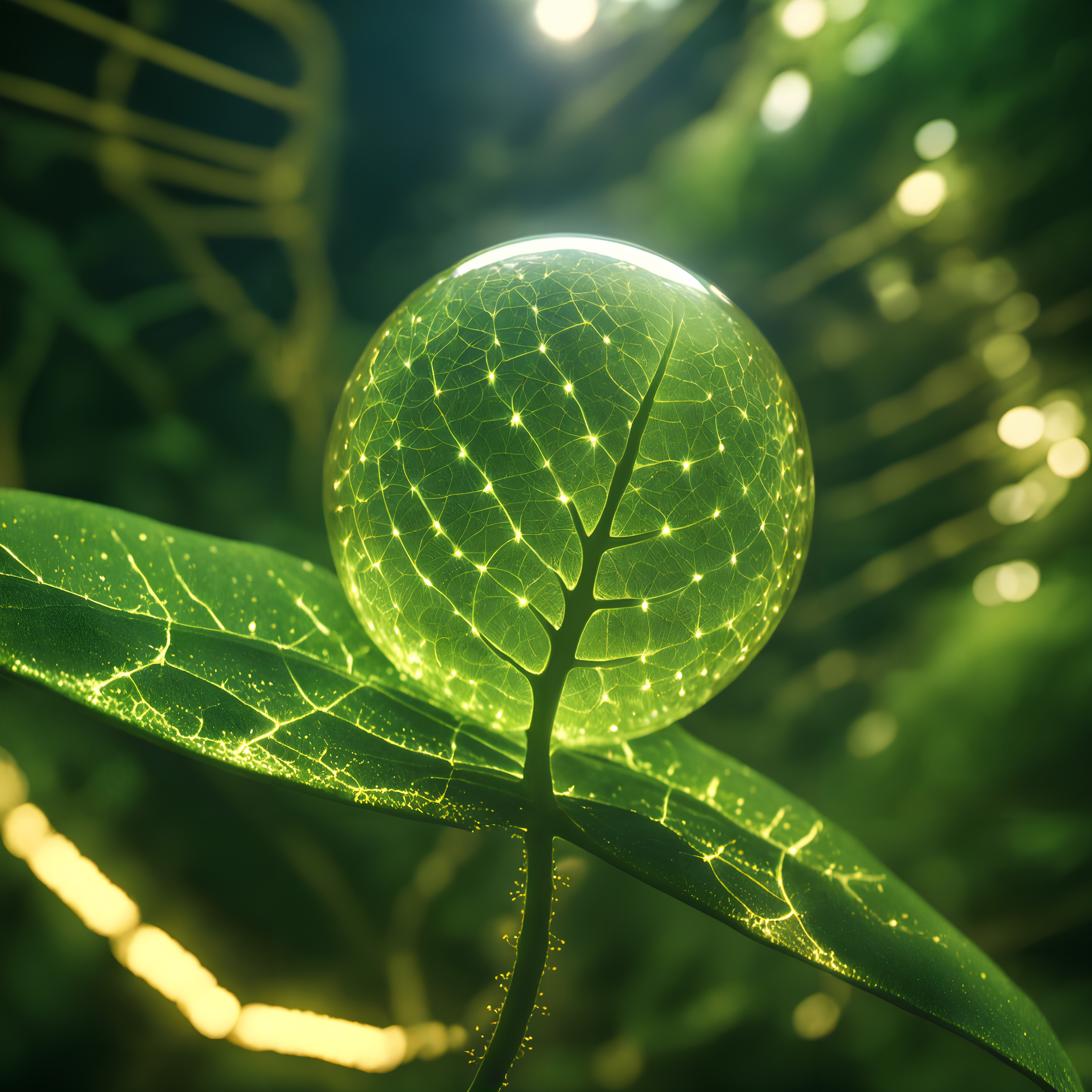 A glowing green sphere on a verdant leaf with light patterns.