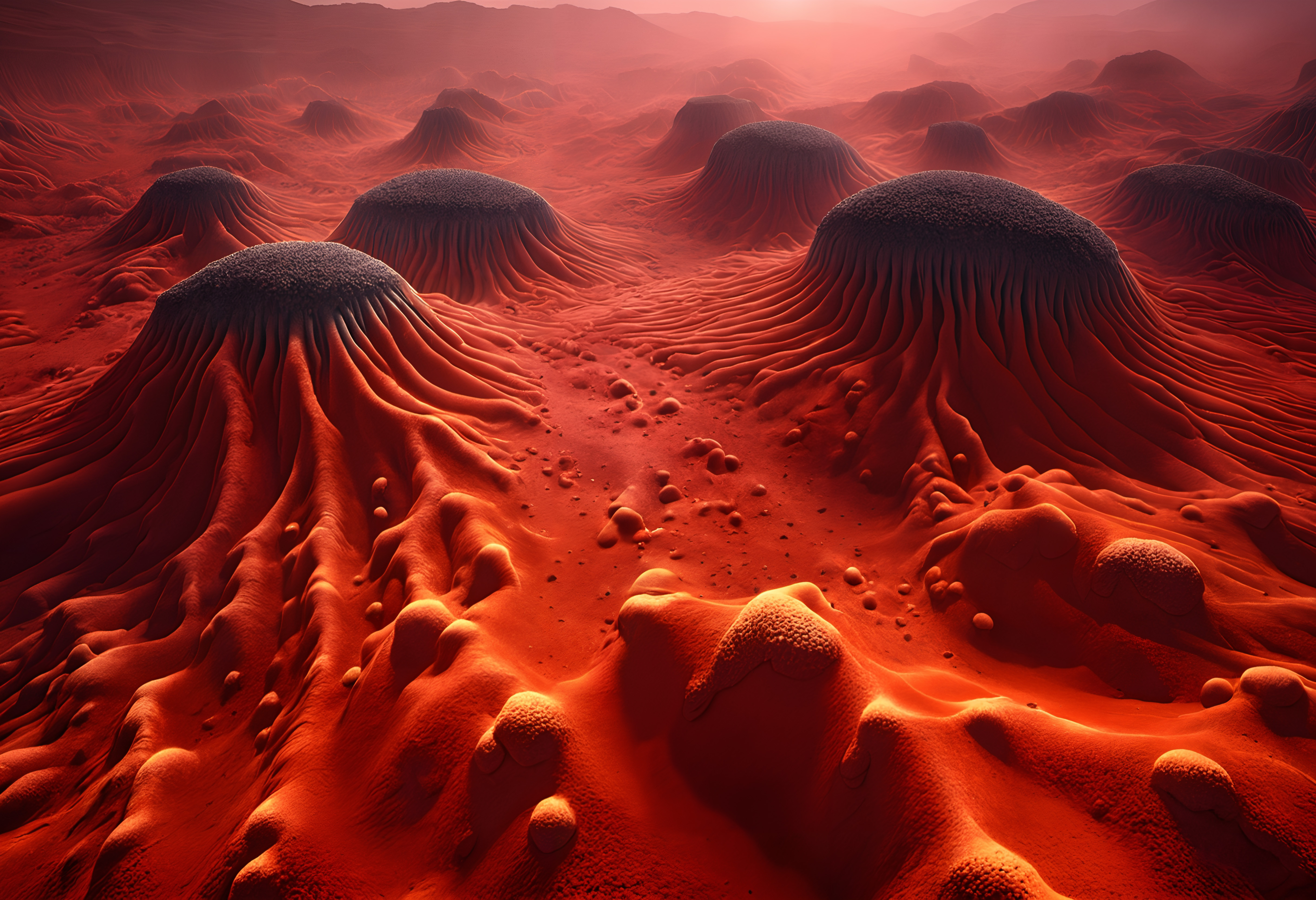 A surreal alien landscape with dome-like formations and a red, atmospheric hue.