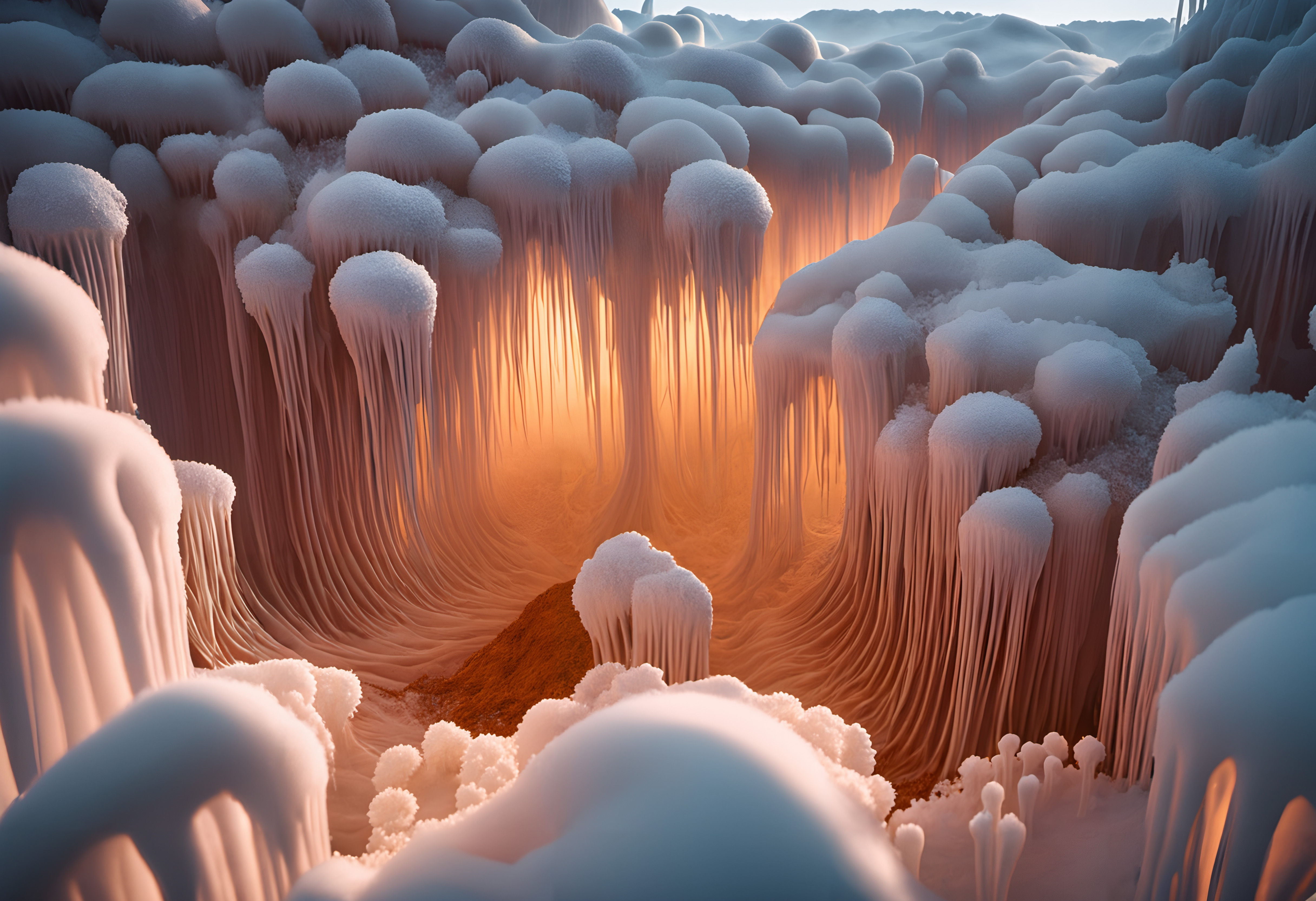 A surreal glowing cavern with icicle formations and a warm light.