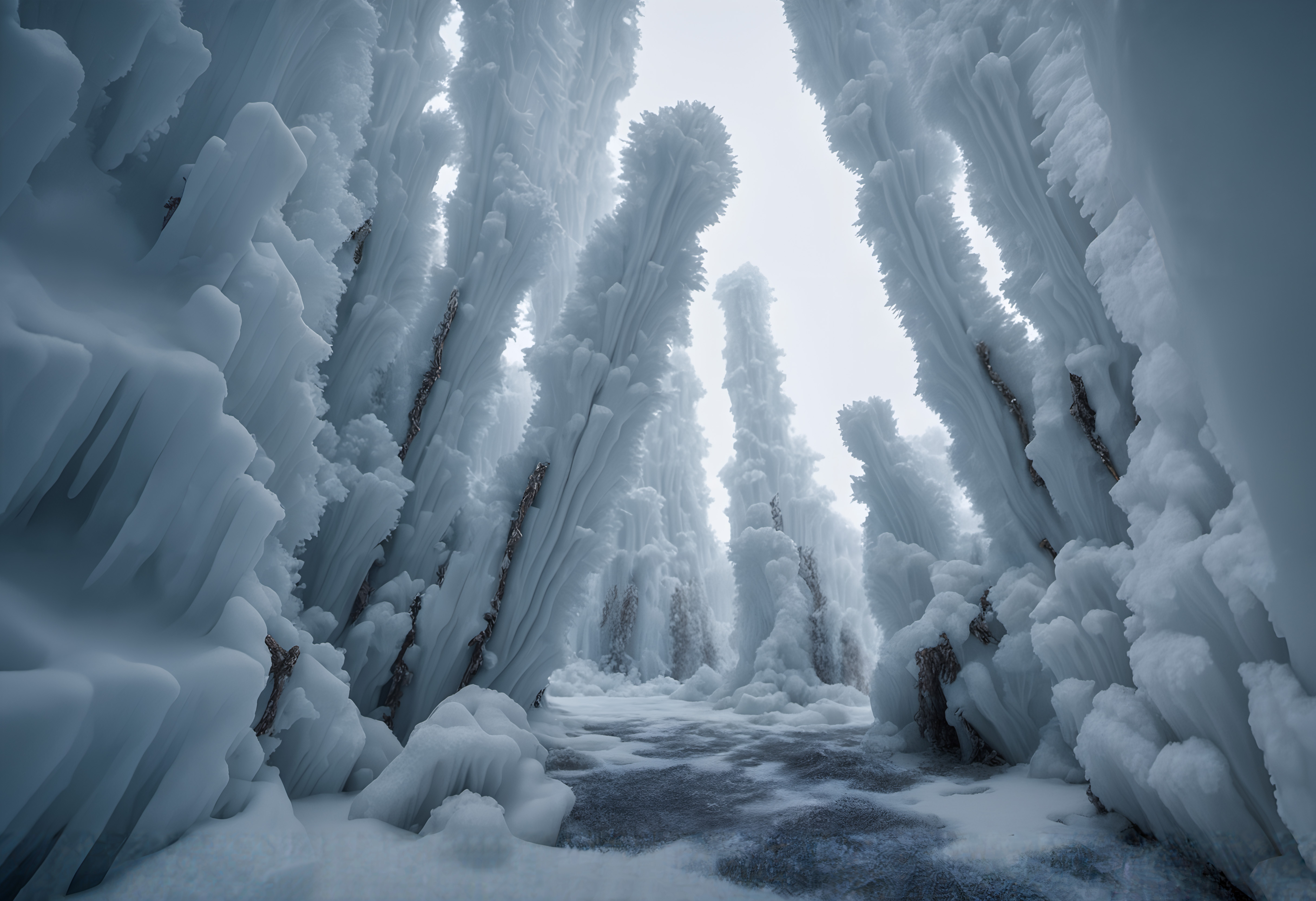 Majestic ice towers rise above frozen ground.