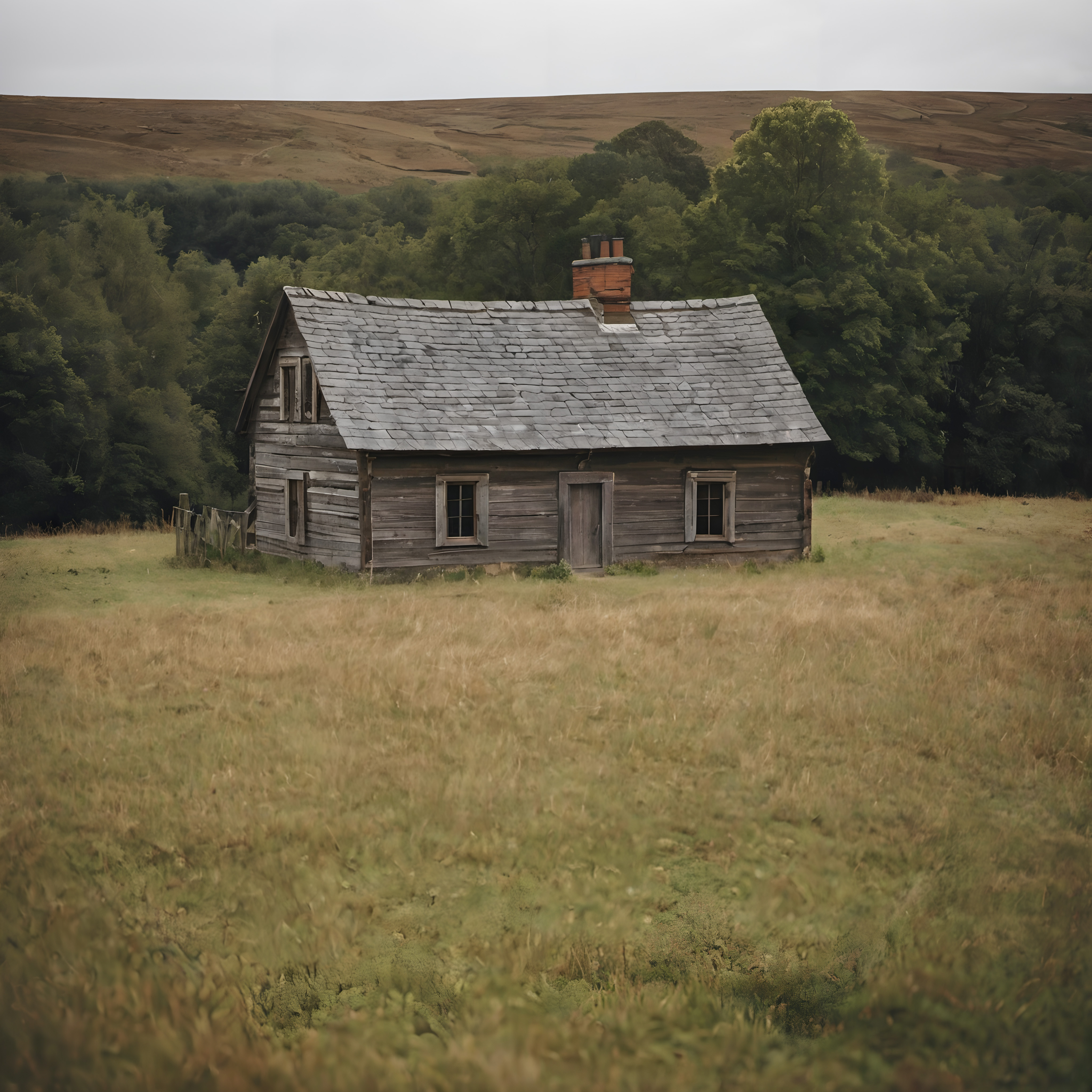 A rustic wooden cabin stands amidst a lush green field with a forest backdrop, exuding a serene, tranquil charm.