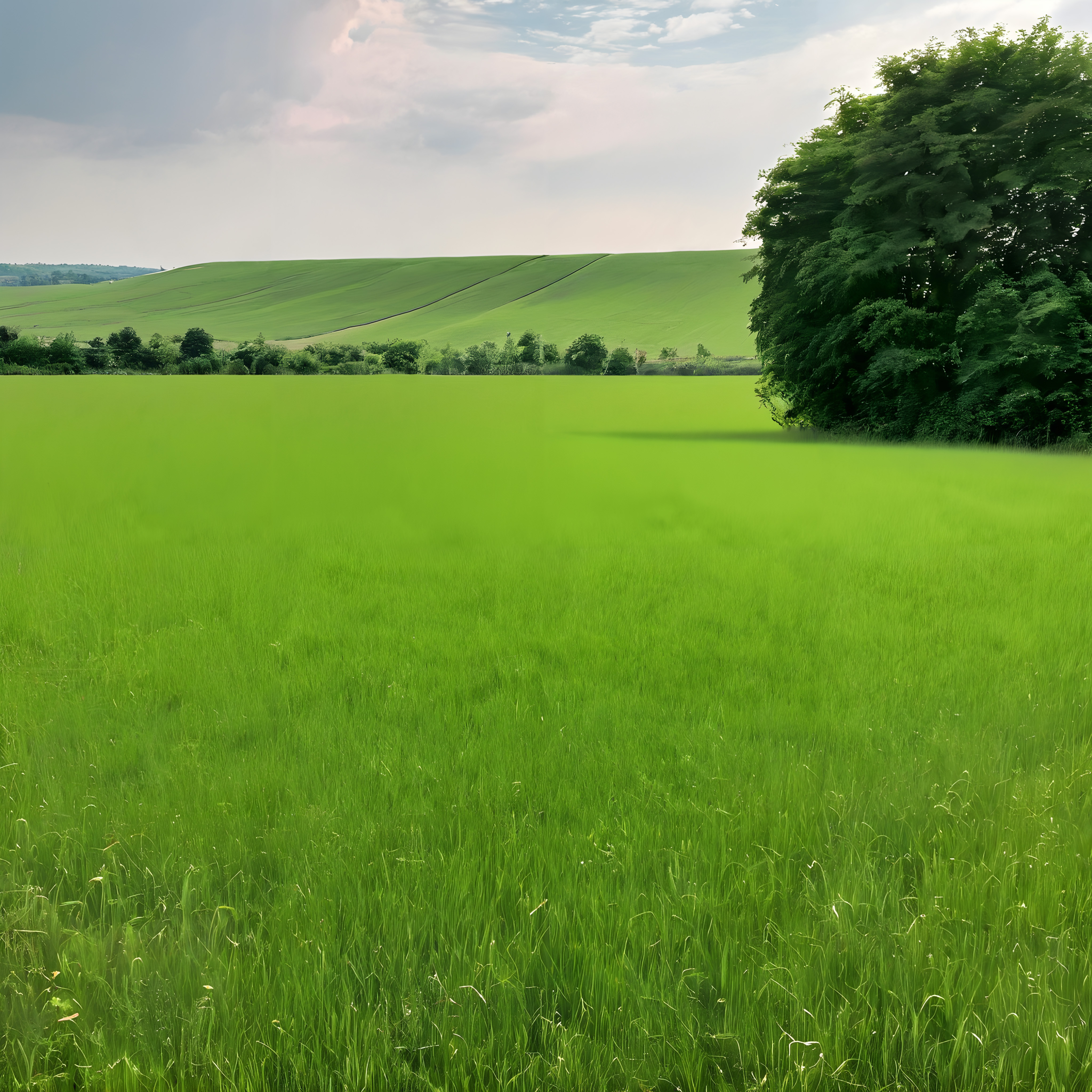 A wide green meadow with a large tree under a cloudy sky, featuring rolling hills in the background.
