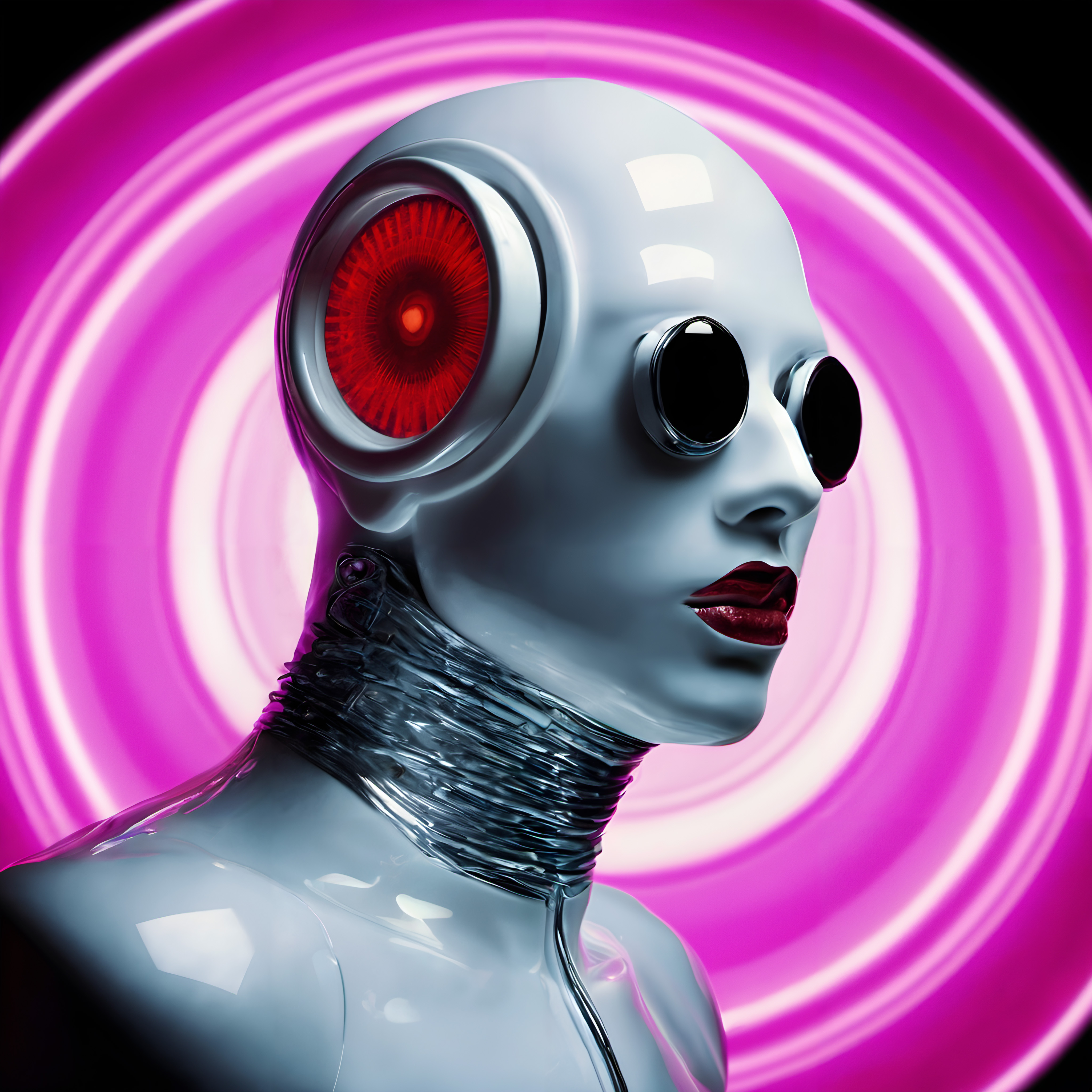 Futuristic humanoid robot with glossy metallic surface and vibrant pink background.
