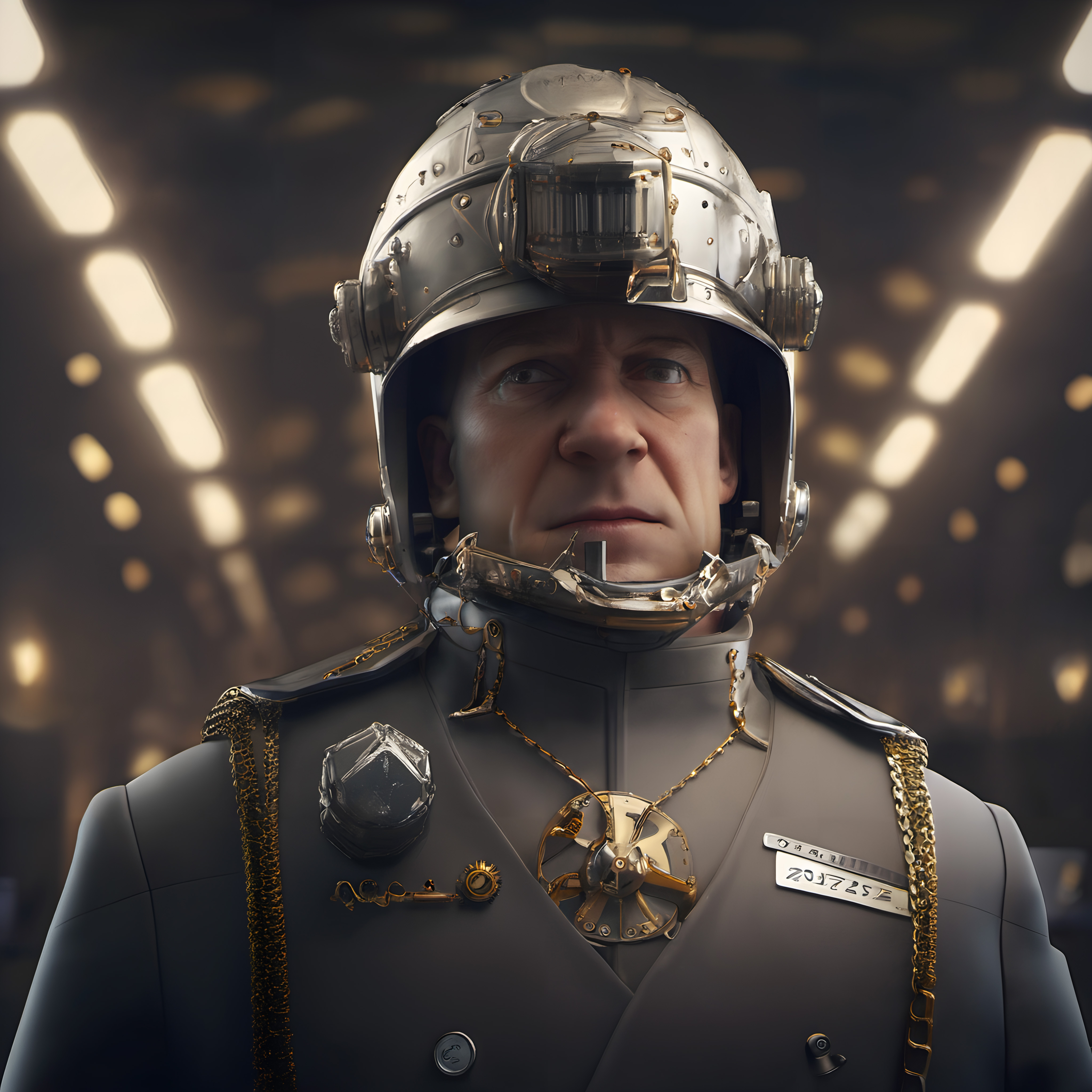 Futuristic soldier in detailed cyberpunk attire.