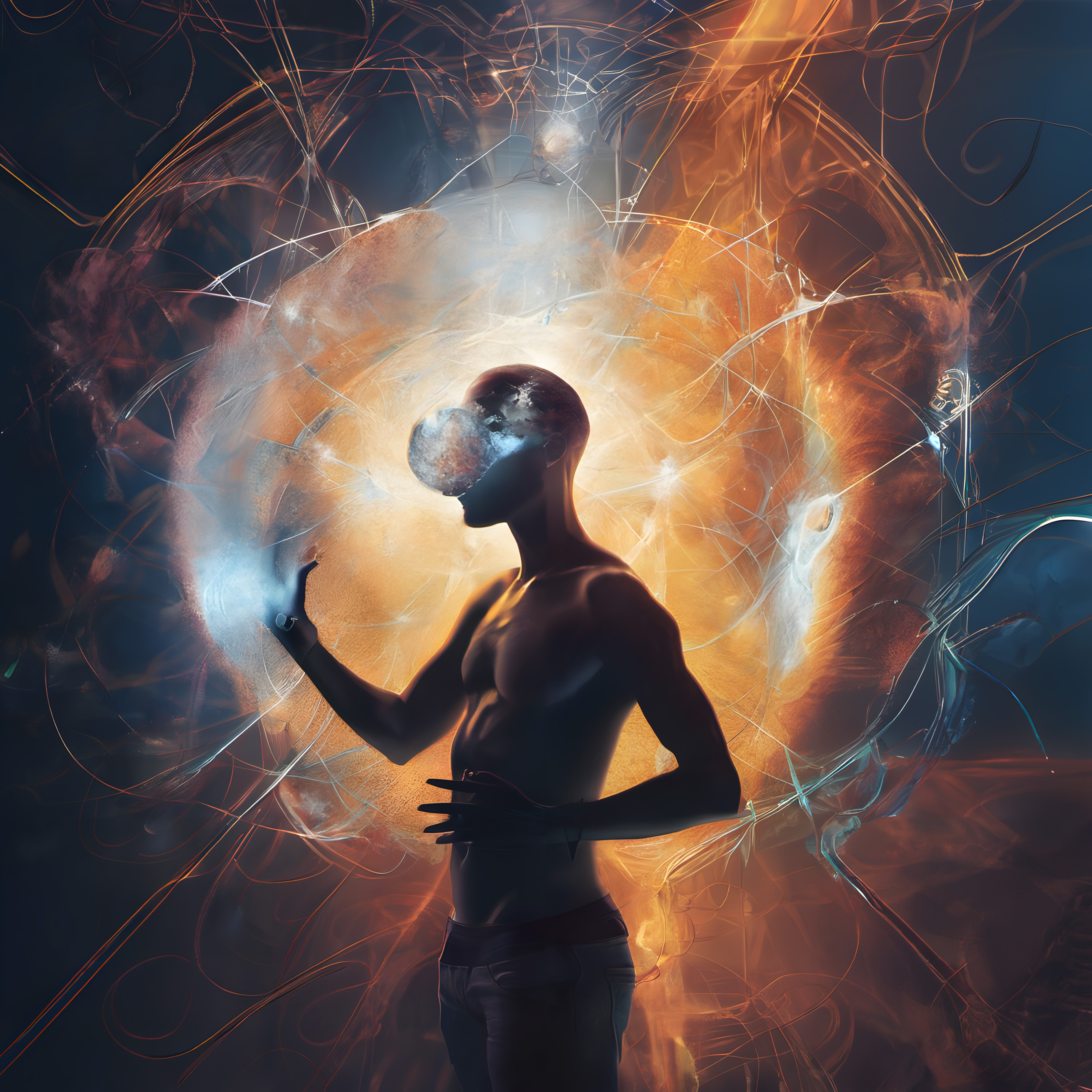 A silhouetted figure holds a cosmic orb amidst a swirling, colorful celestial background.