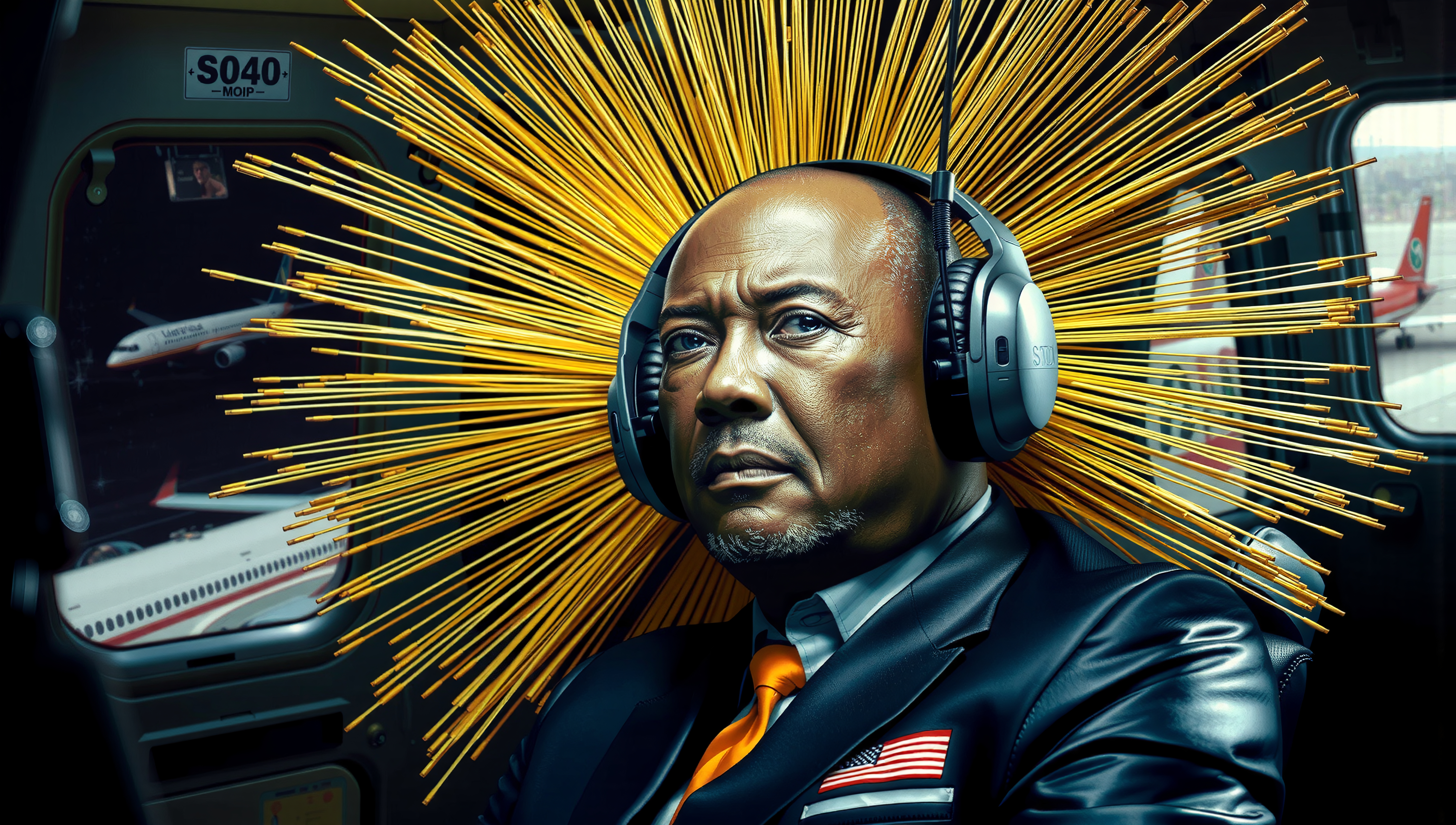 A man wearing headphones with a golden halo effect sits inside an aircraft cabin, surrounded by airplanes outside.