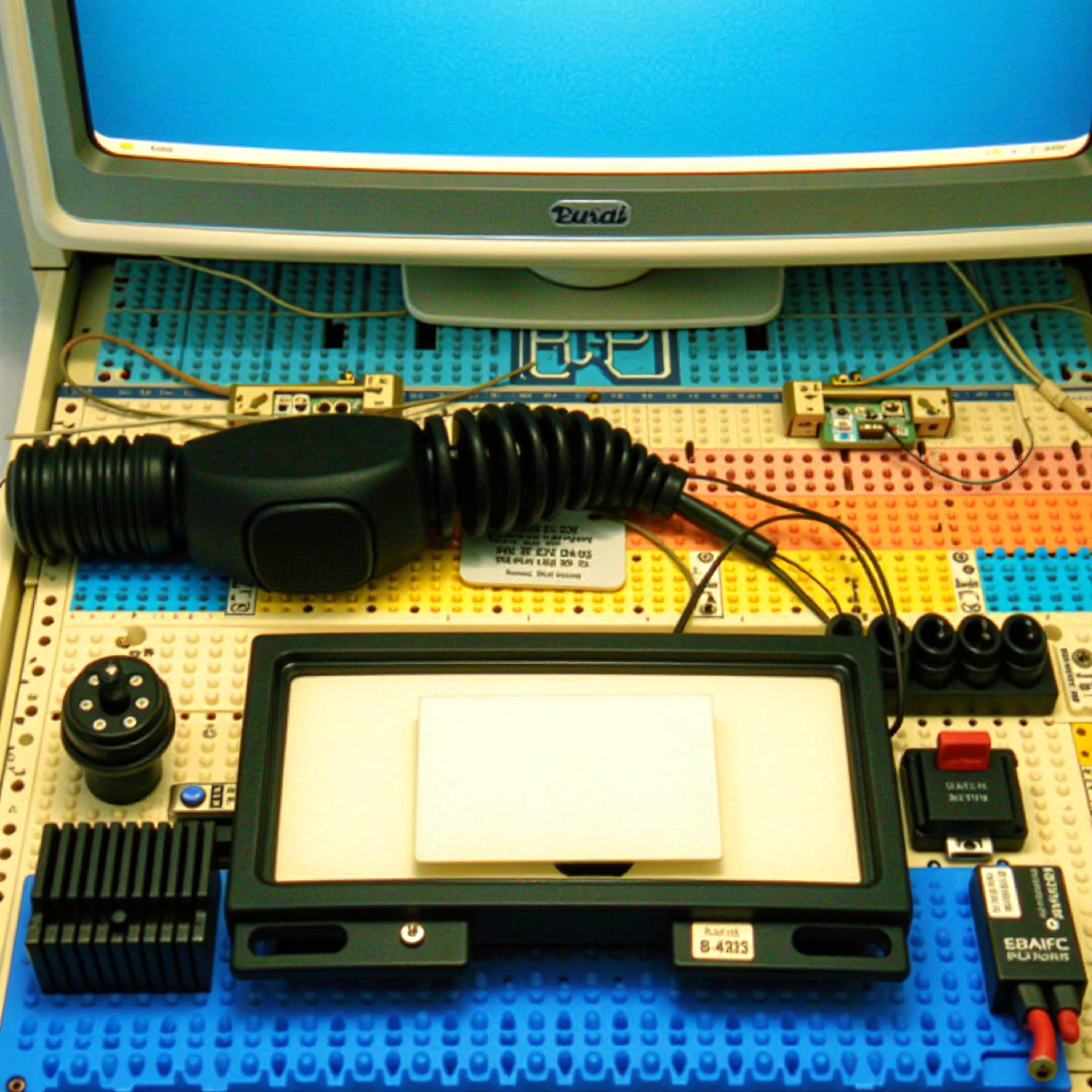 Complex electronic setup on a multicolored breadboard with various components and an old computer monitor.
