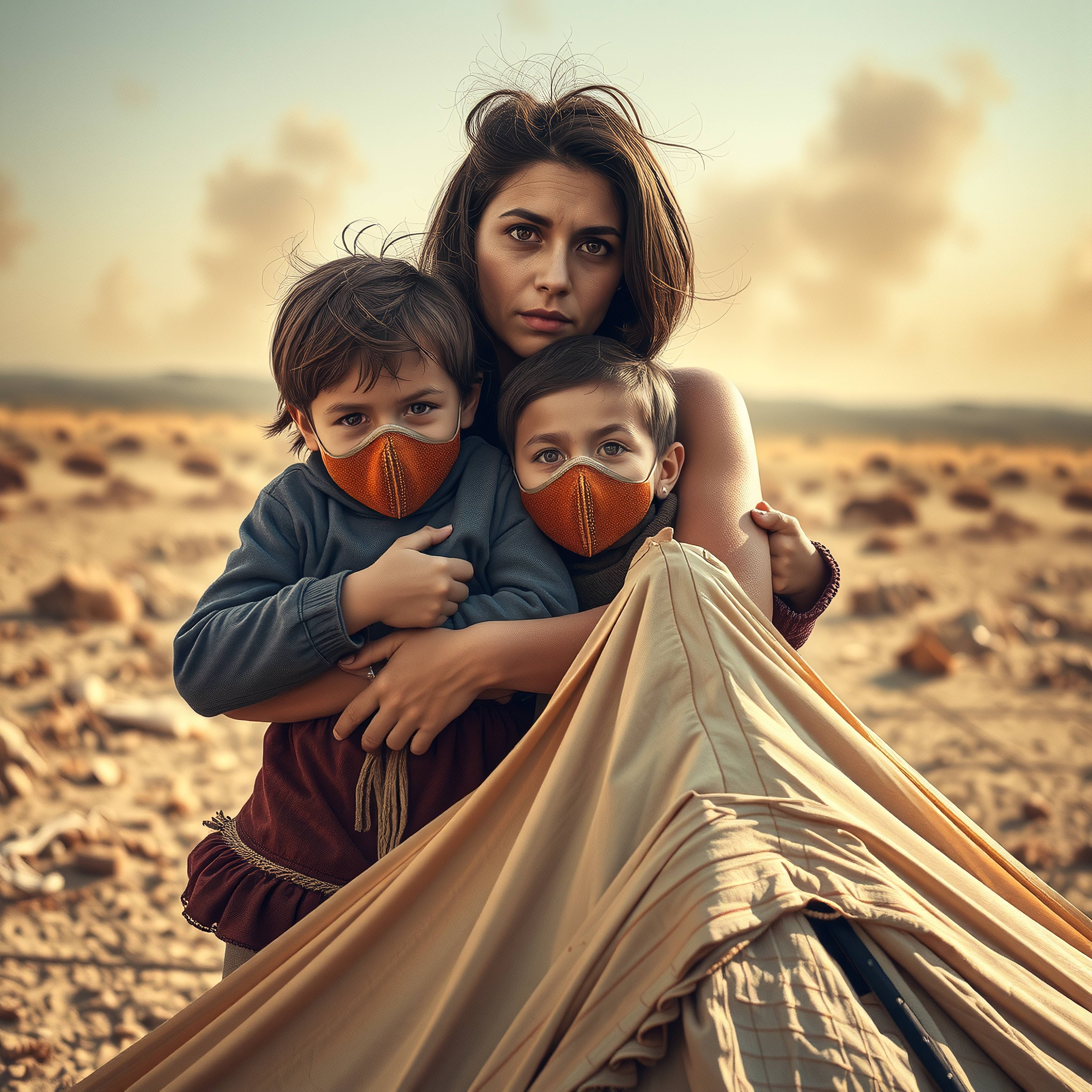 A woman and two children in a desert setting, displaying unity and resilience while wearing orange face masks.
