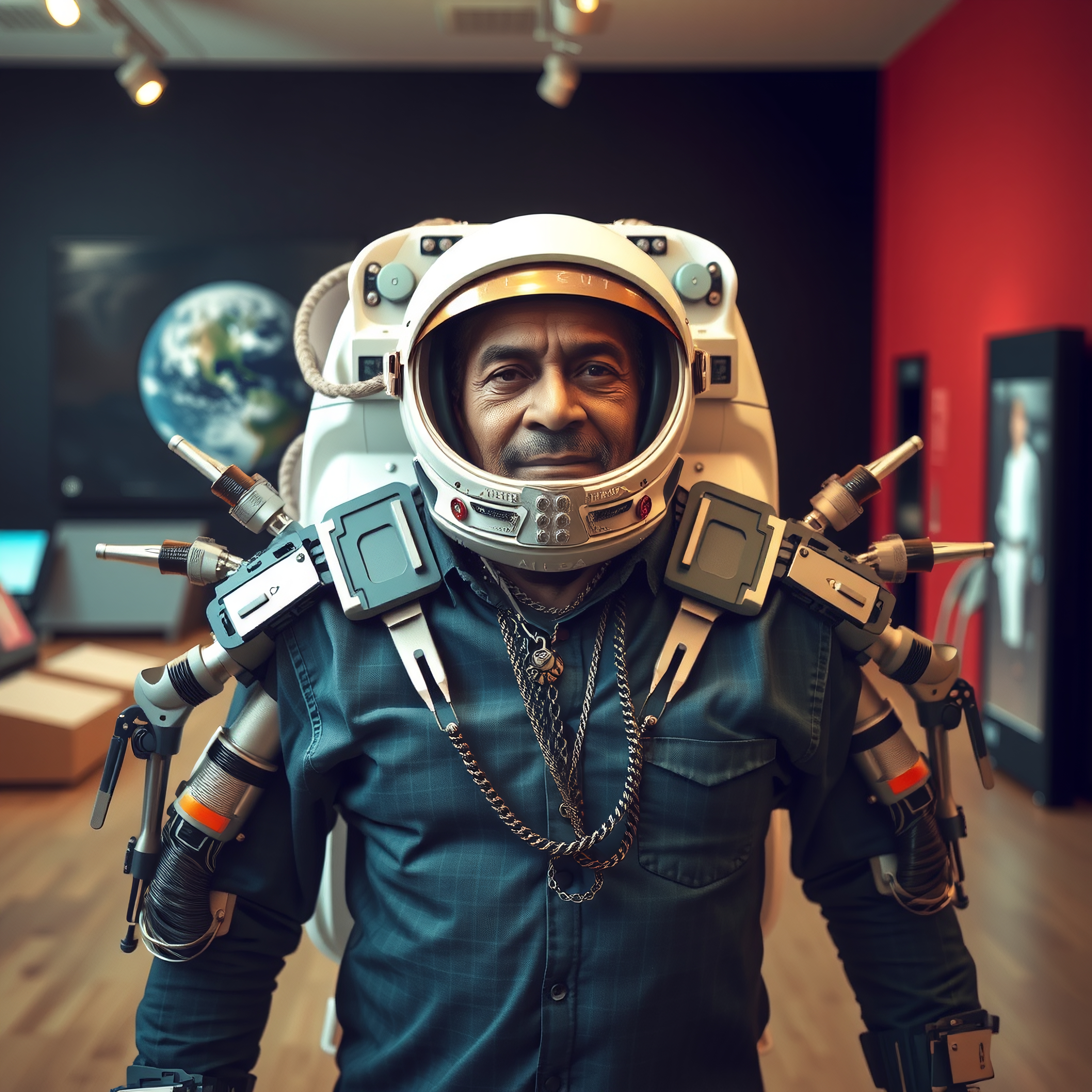 A person in a futuristic spacesuit with a visible Earth backdrop.