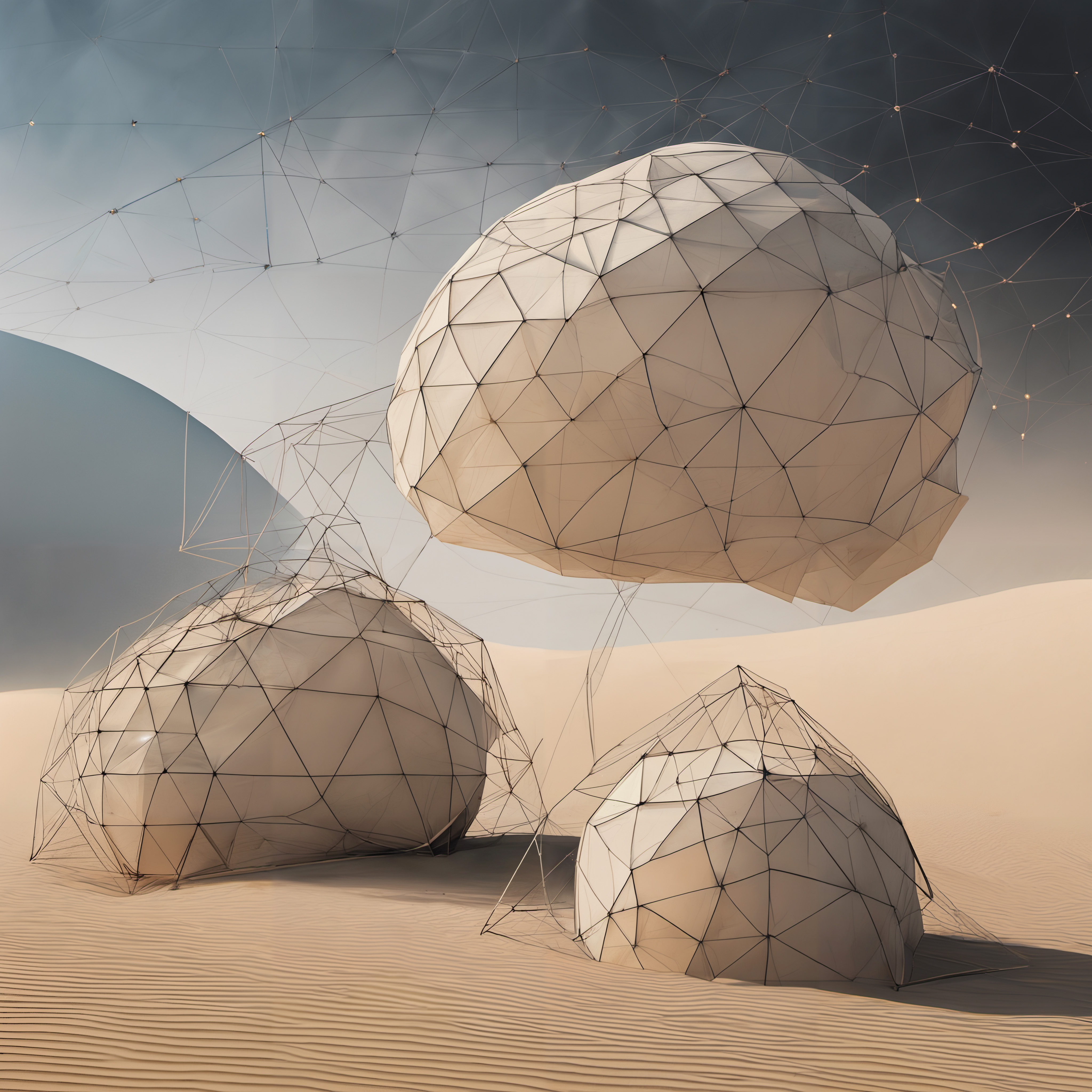 Futuristic geometric domes in a serene, artistic desert landscape with a gradient sky.