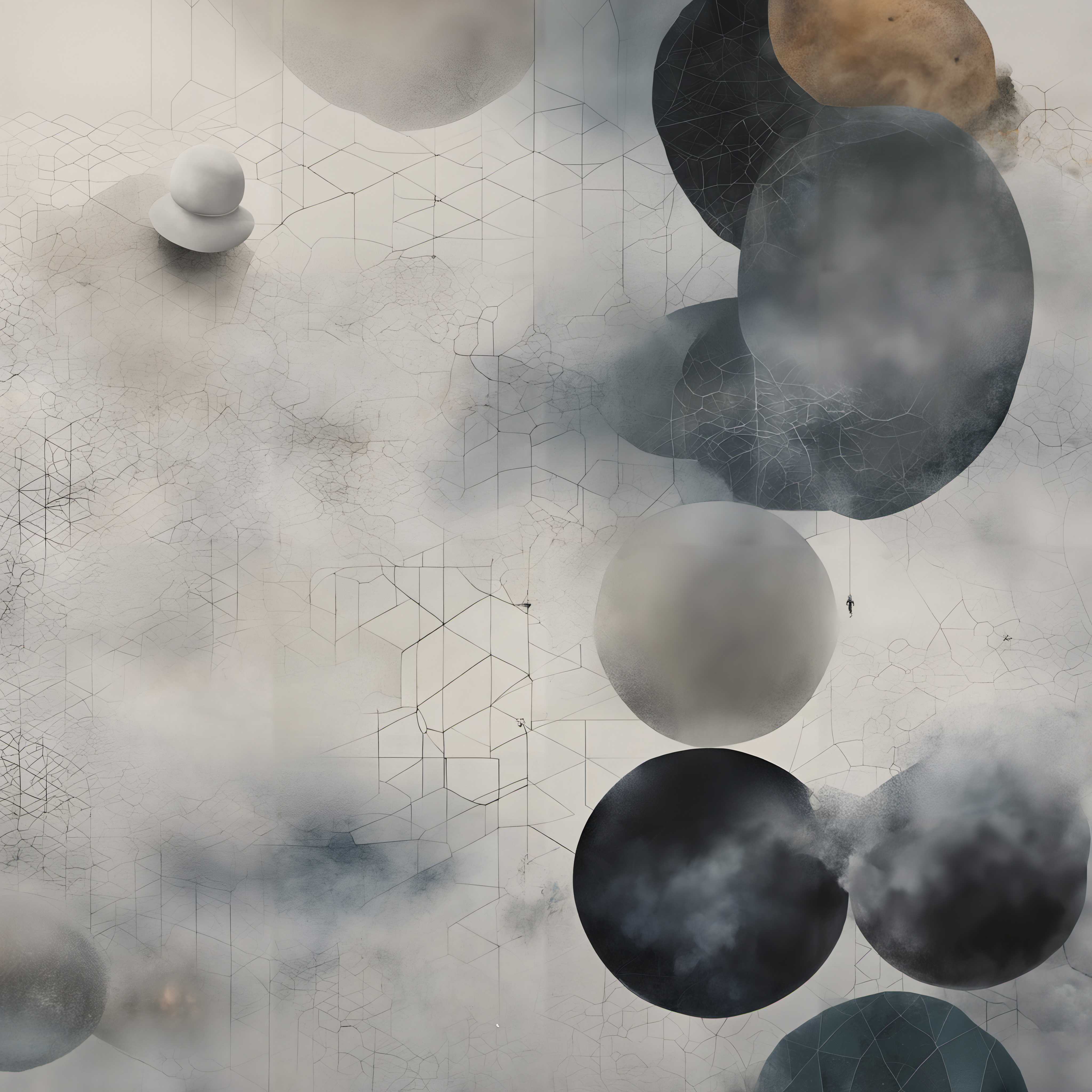 An abstract, dreamlike composition with floating spheres amidst misty clouds and intersecting geometric lines.