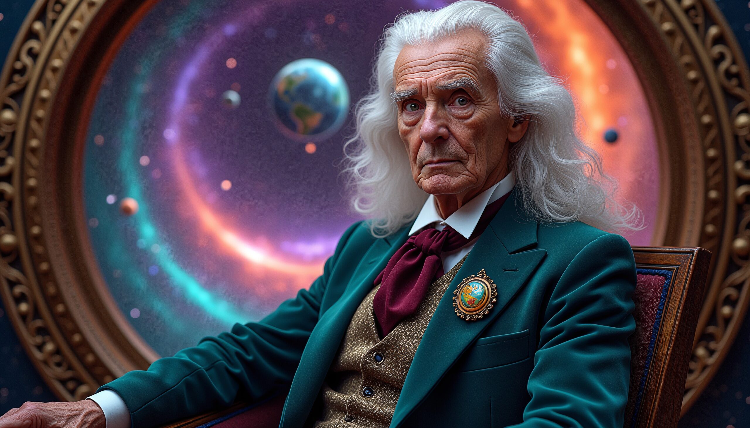 Elderly man in teal suit gazes deeply in cosmic setting with planets.