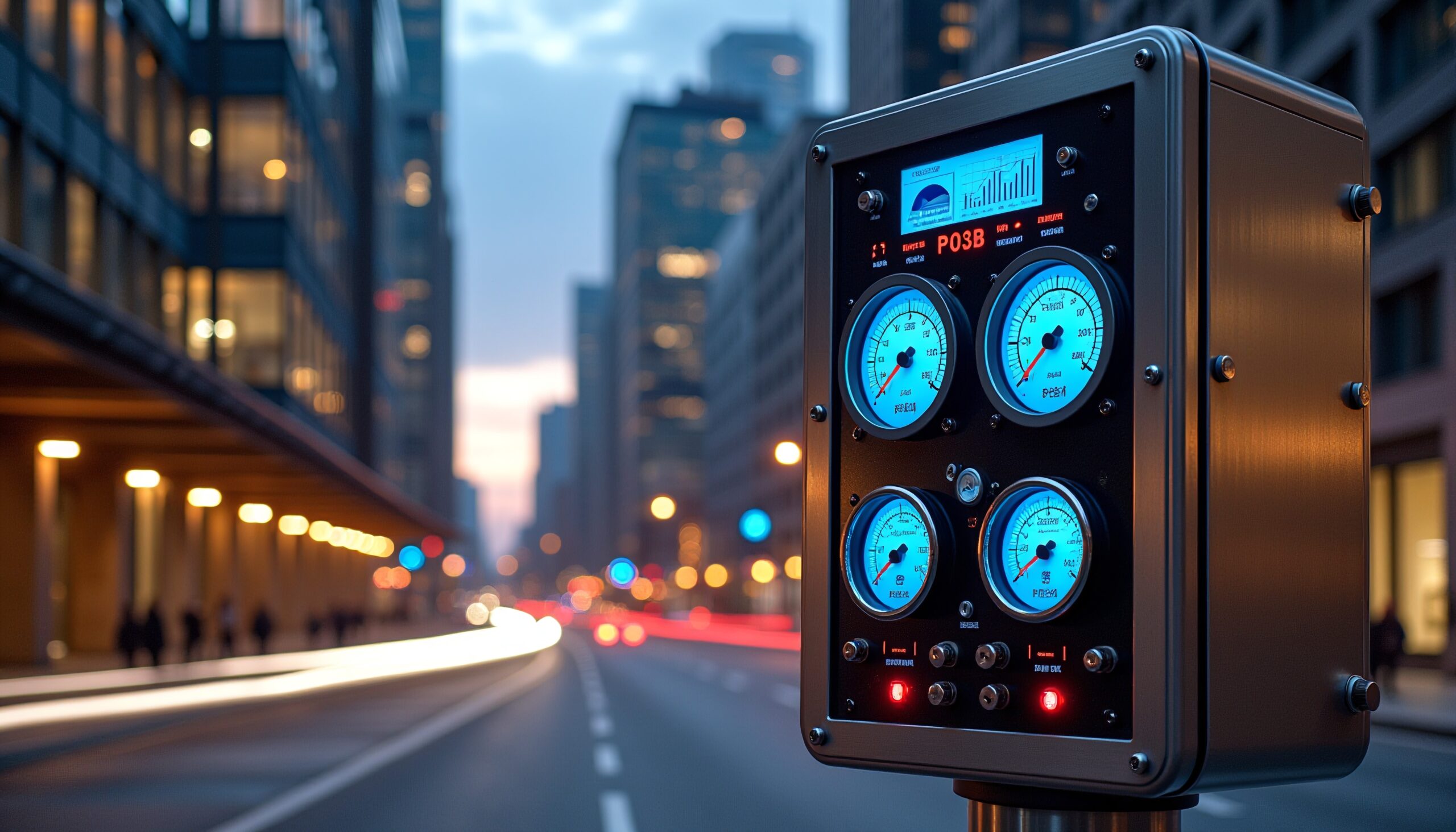 Futuristic traffic control panel on urban street at dusk.