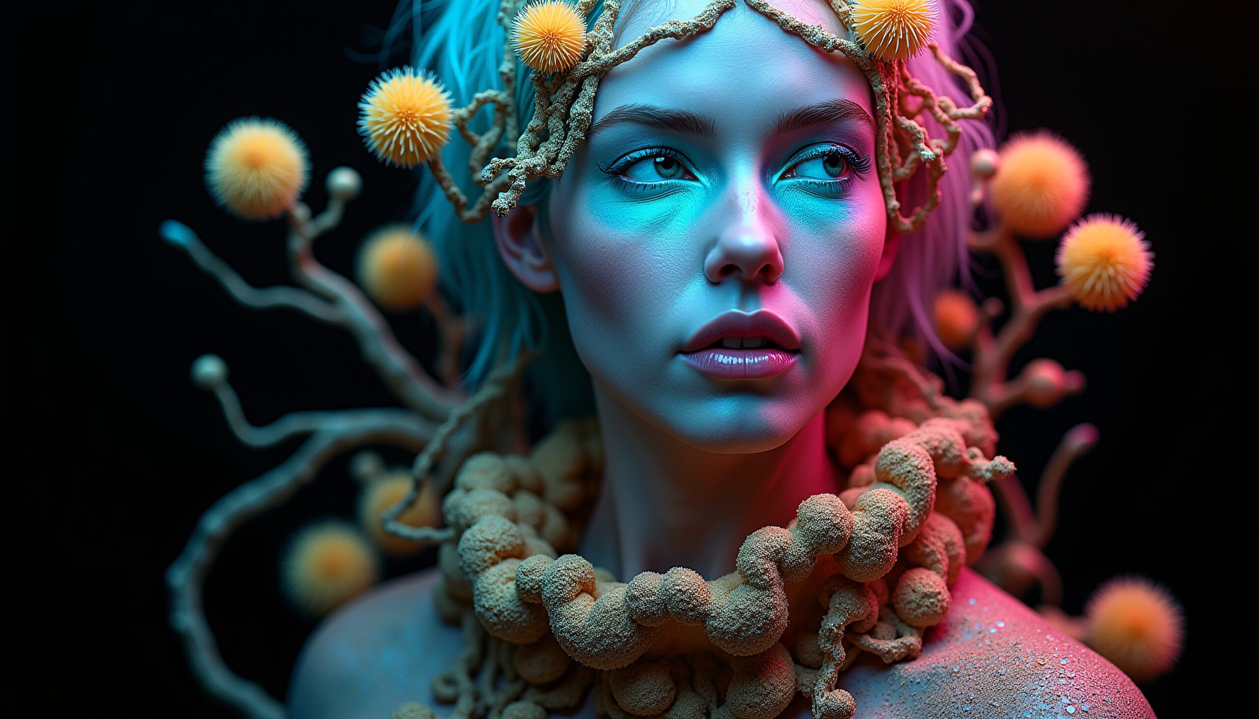 A model with a coral-like headdress under vibrant lighting in a surreal fashion portrait.