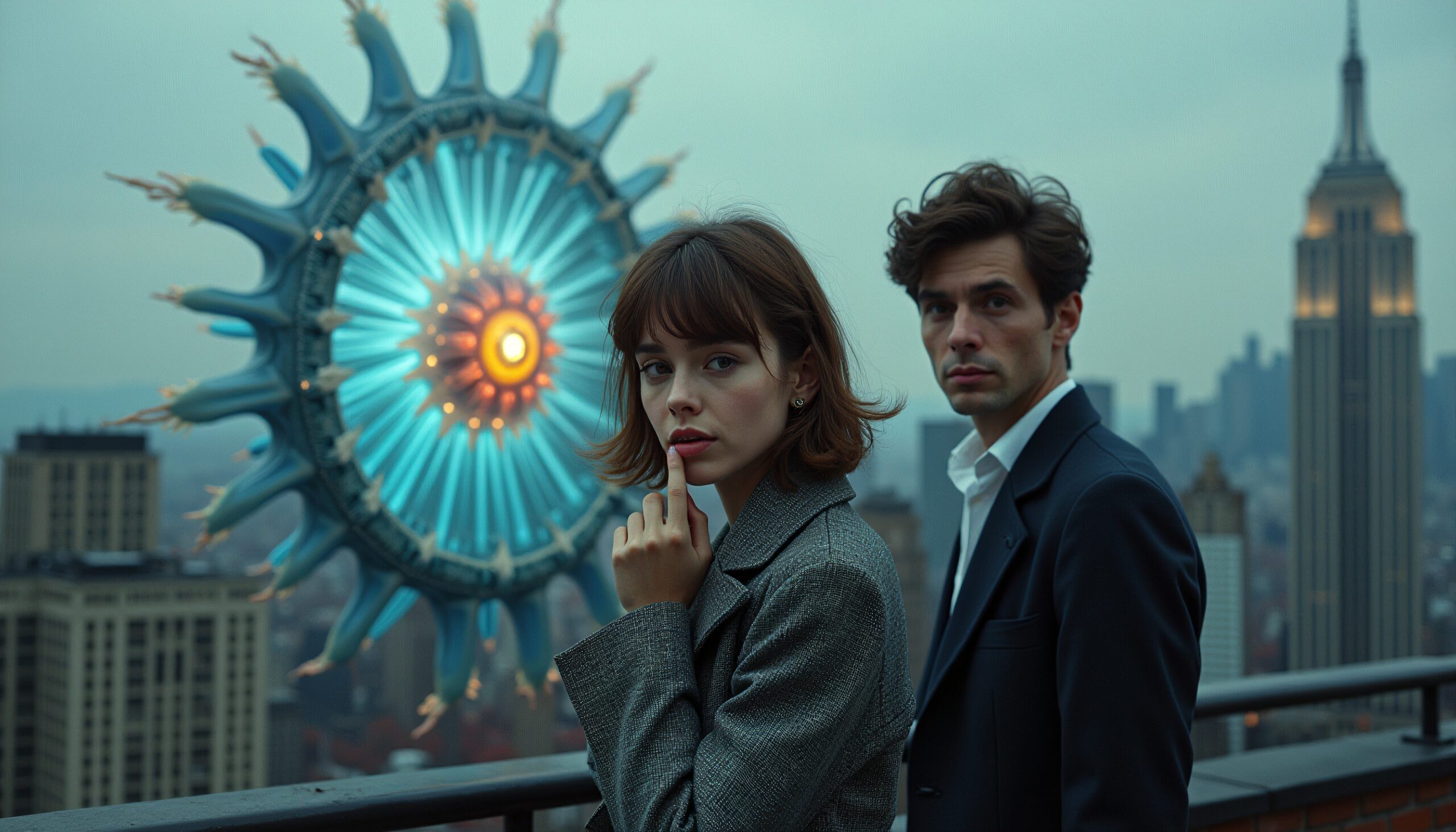 A man and woman on a rooftop with a cityscape and sci-fi structure.
