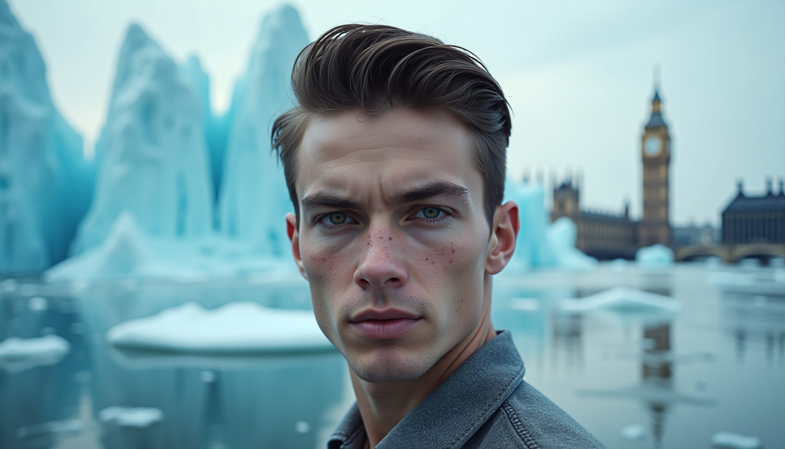A young man stands in front of icebergs and a city backdrop, creating a surreal, contemplative scene exploring climate themes.