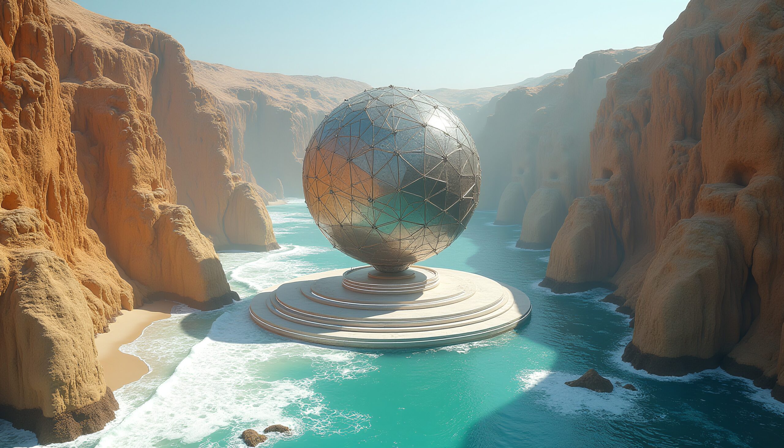 A large geodesic sphere on a tiered platform amidst sandstone cliffs by the ocean, with reflective surfaces under a clear sky.