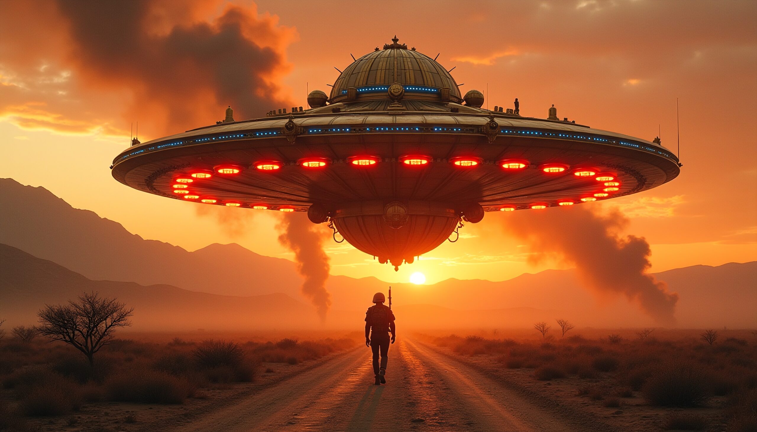 A lone figure approaches a massive hovering spaceship during an orange-hued desert sunset.