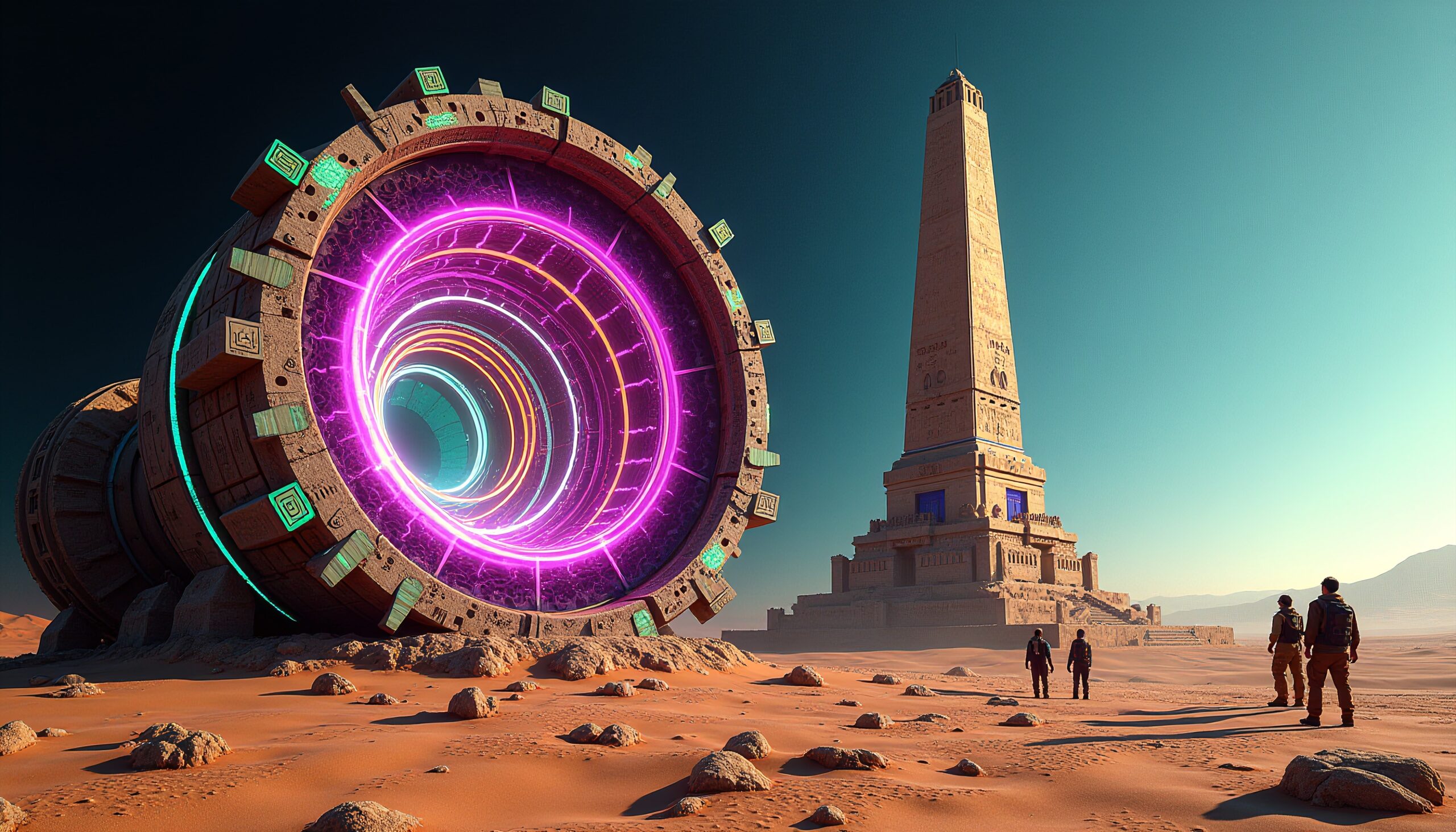 An enormous portal and ancient tower set against a desert landscape with figures approaching in a blend of futurism and antiquity.