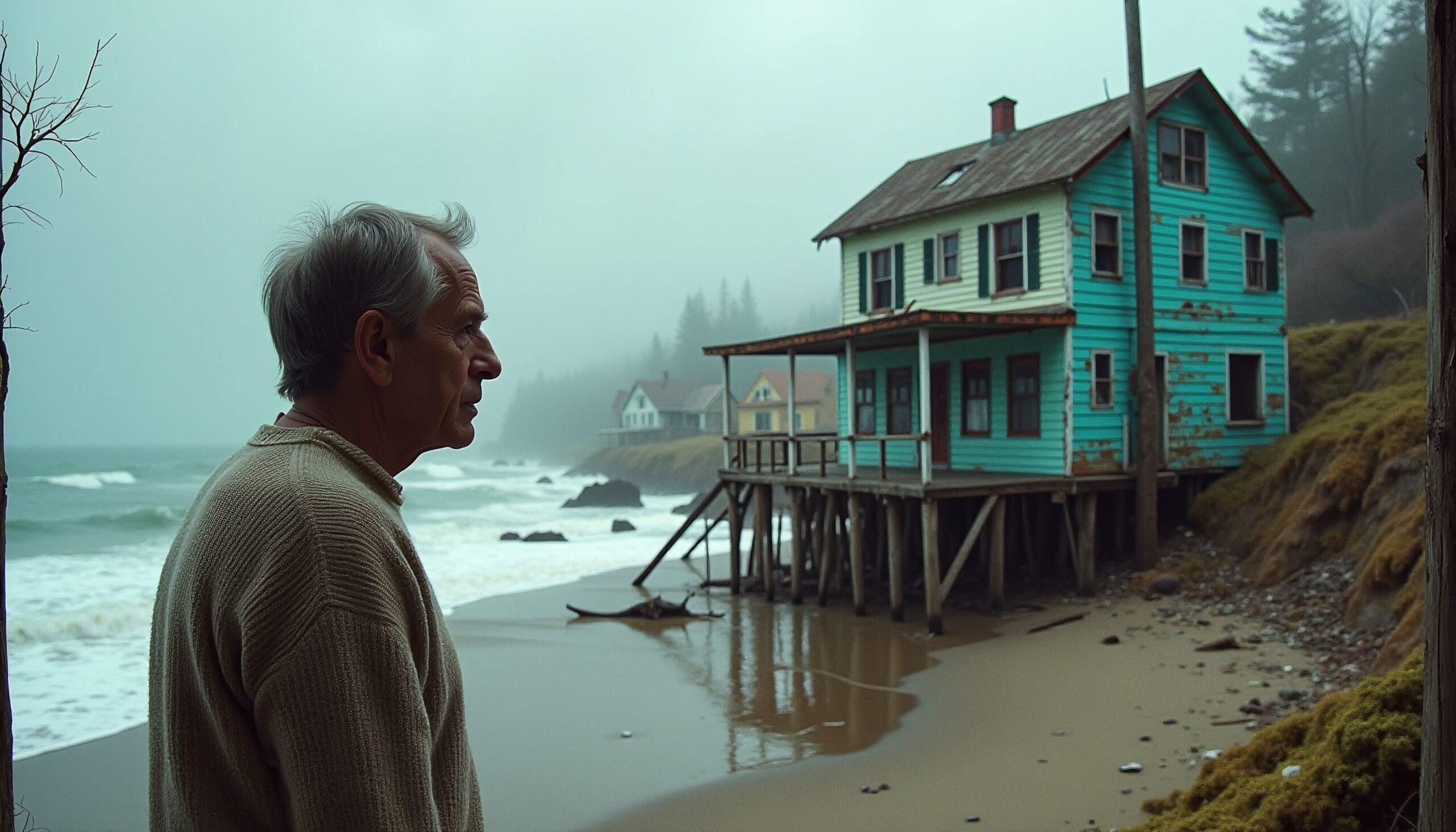 A solitary man stands on a foggy beach near a weathered turquoise house.