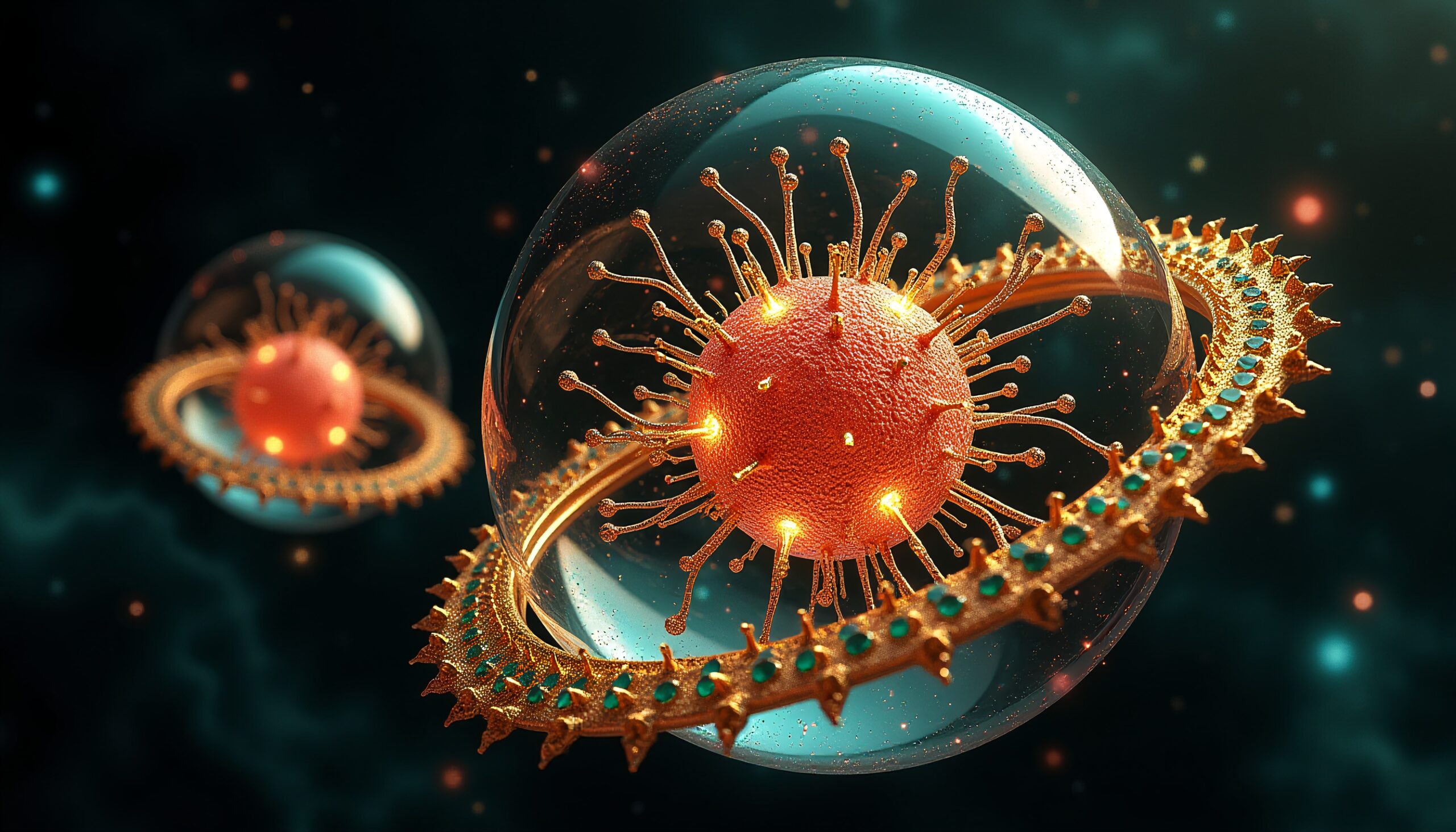 A digitally rendered viral structure floats in a cosmic space, featuring glowing spikes and orbiting golden rings.