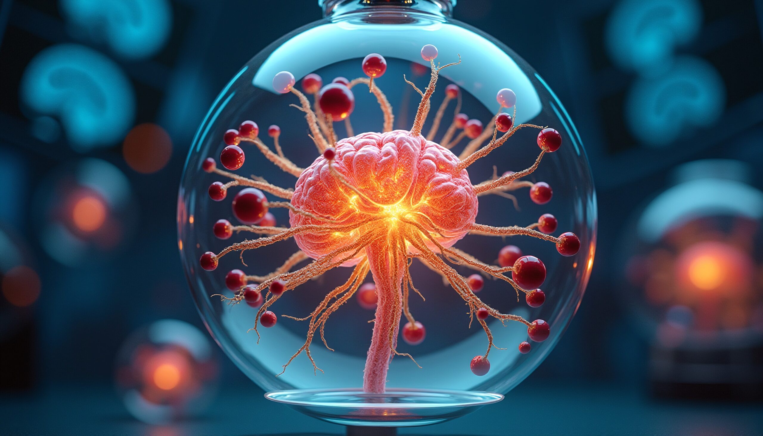 A glowing, brain-like structure with tendrils enclosed in a glass sphere in a futuristic setting.