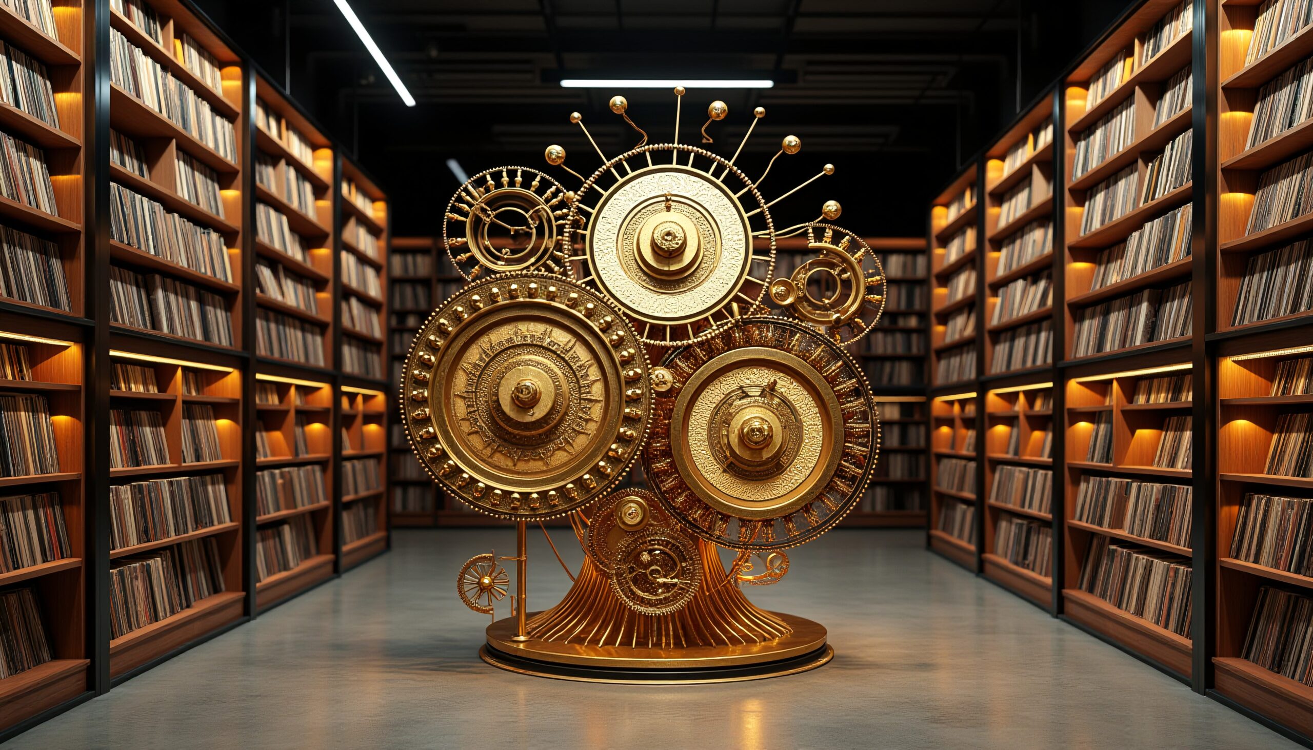 Intricate golden sculpture in modern library setting with warm lighting.