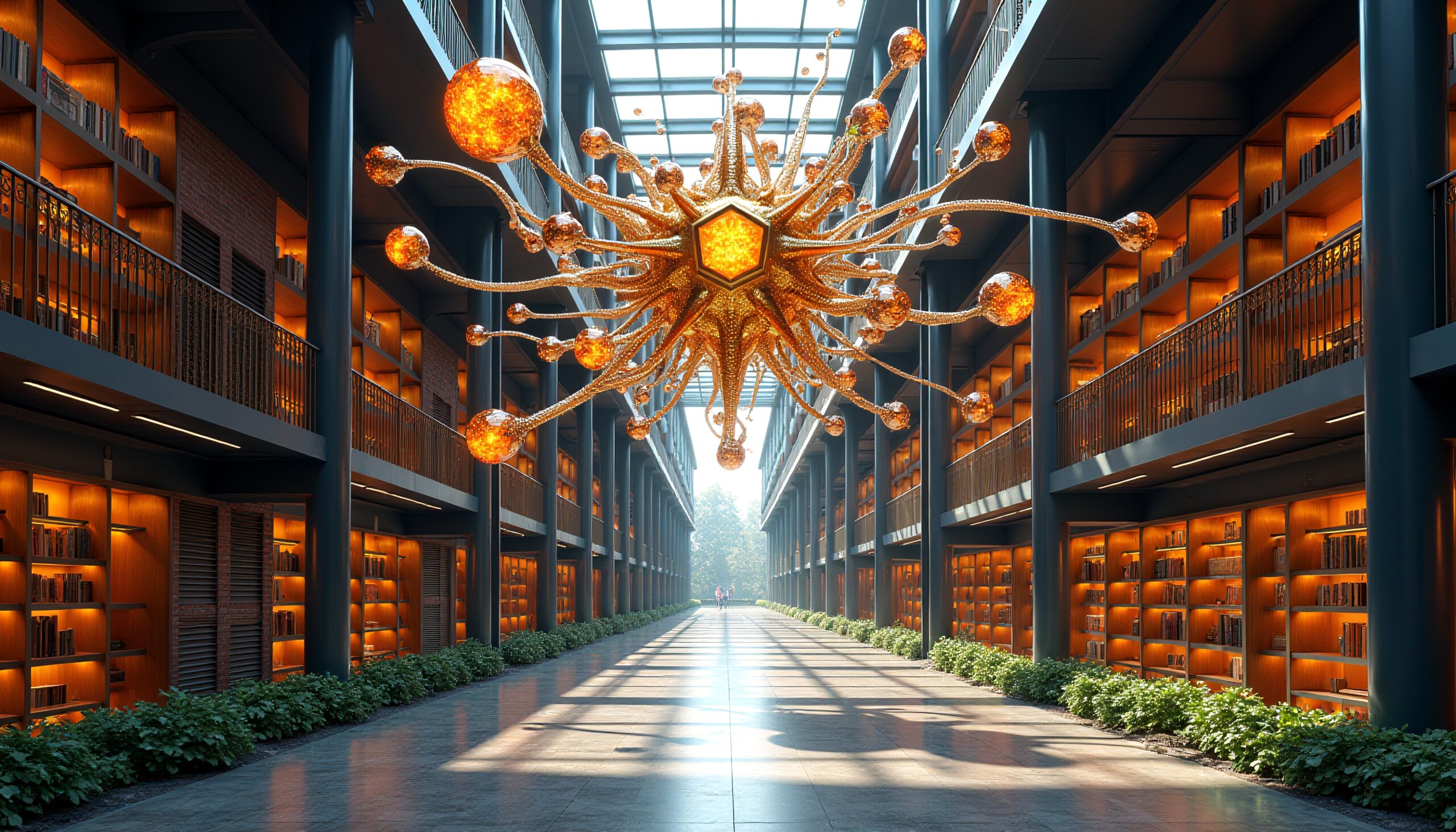 A grand modern library with glowing shelves and a spectacular chandelier creates an elegant atmosphere.