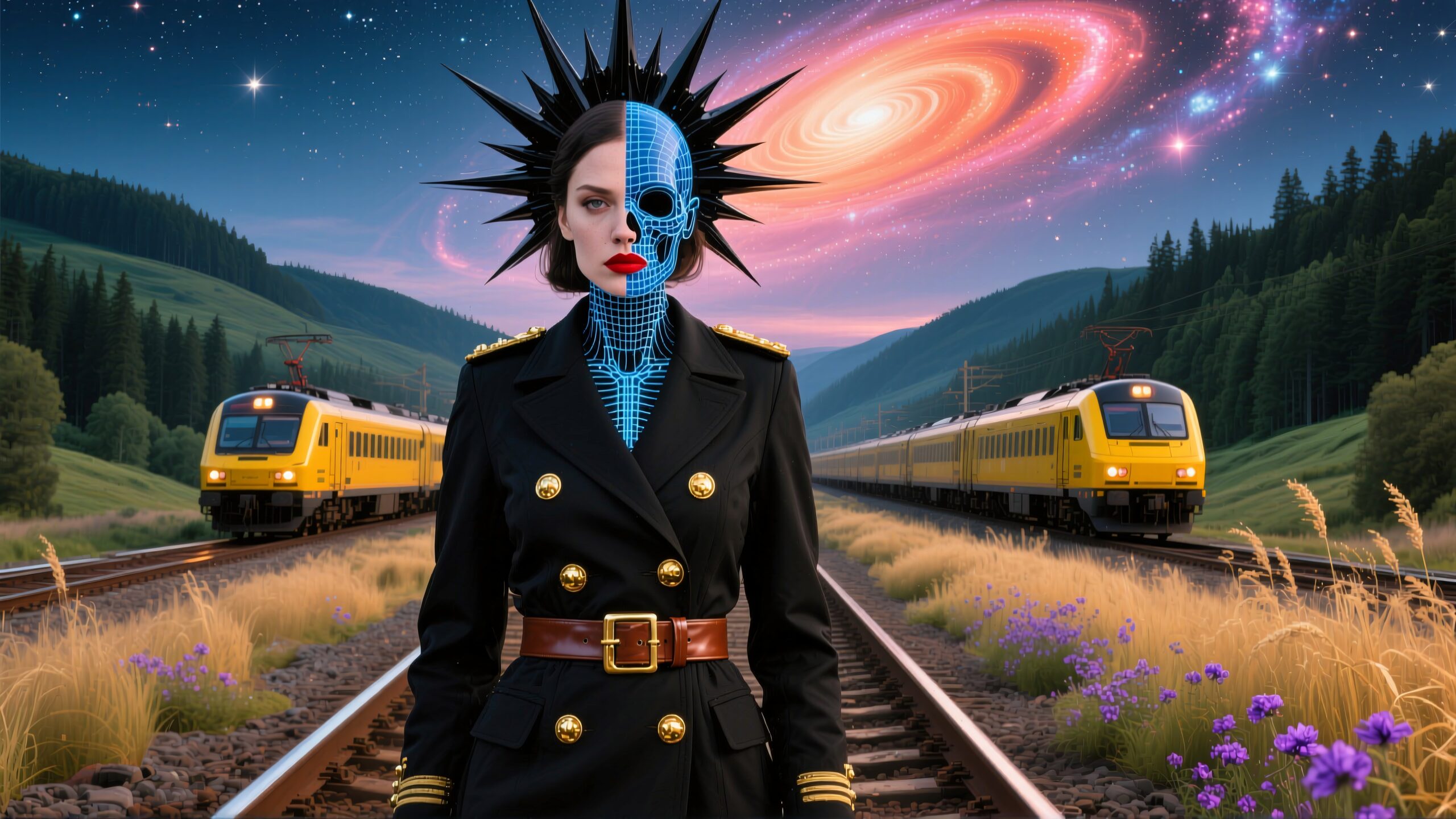 Woman with digital face stands on railway track amidst nature, with galaxy and trains in the background, blending futuristic and natural elements.