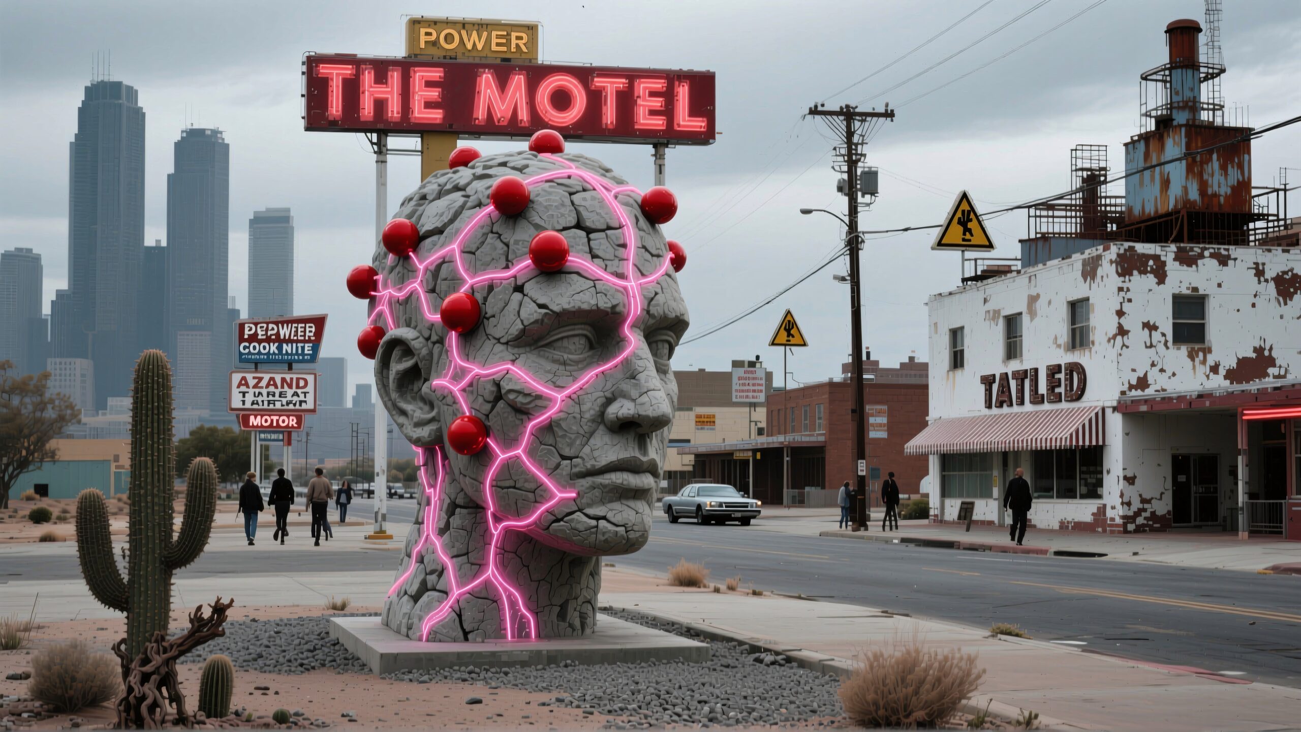 A large neon-accented head sculpture in a desert urban setting next to vintage motel signage and skyscrapers.