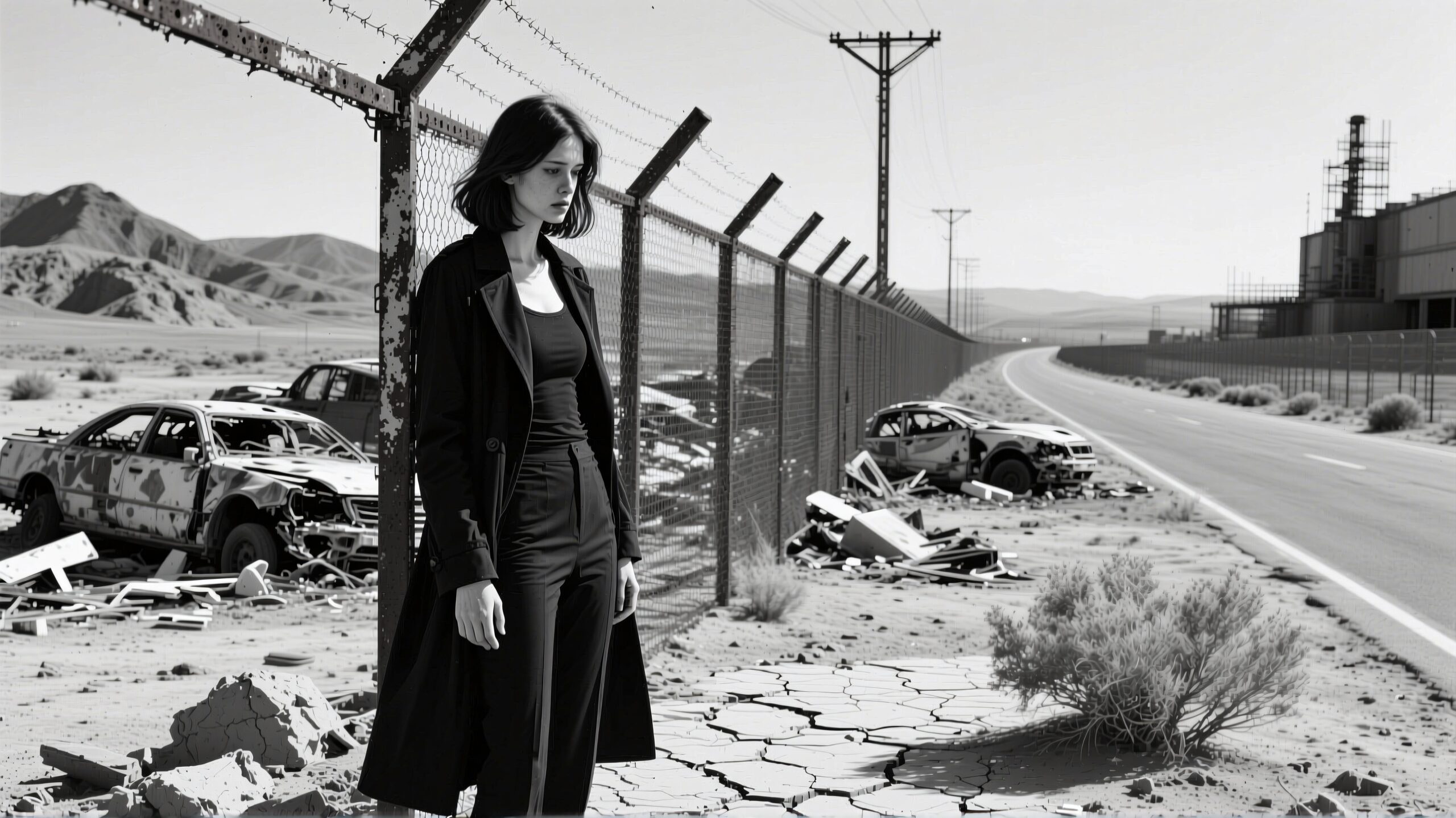 A woman in a black coat stands near an abandoned industrial site with wrecked cars and barren land.