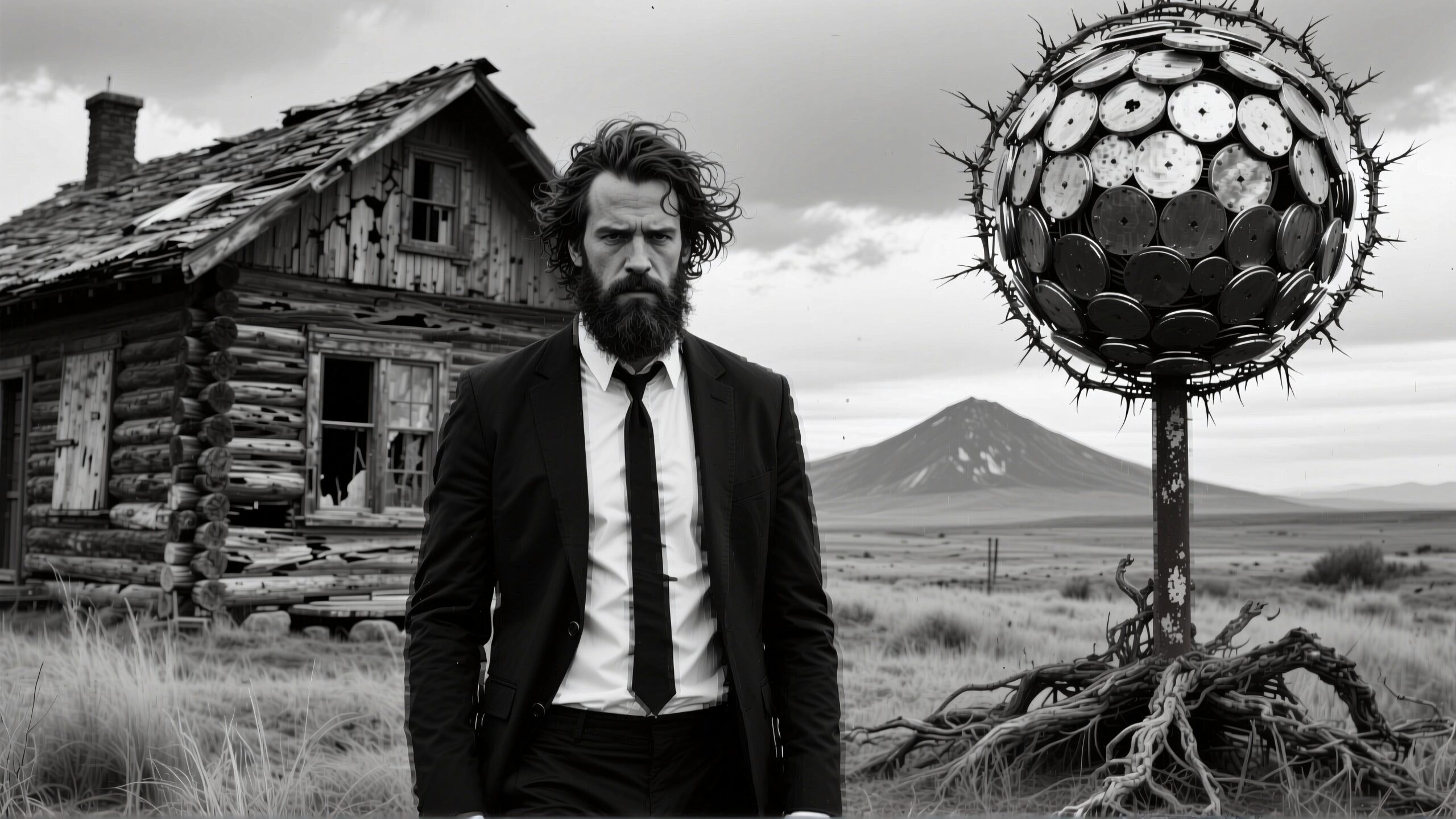 A man in a suit stands near an abandoned house and a unique spherical structure, set against a mountainous landscape.