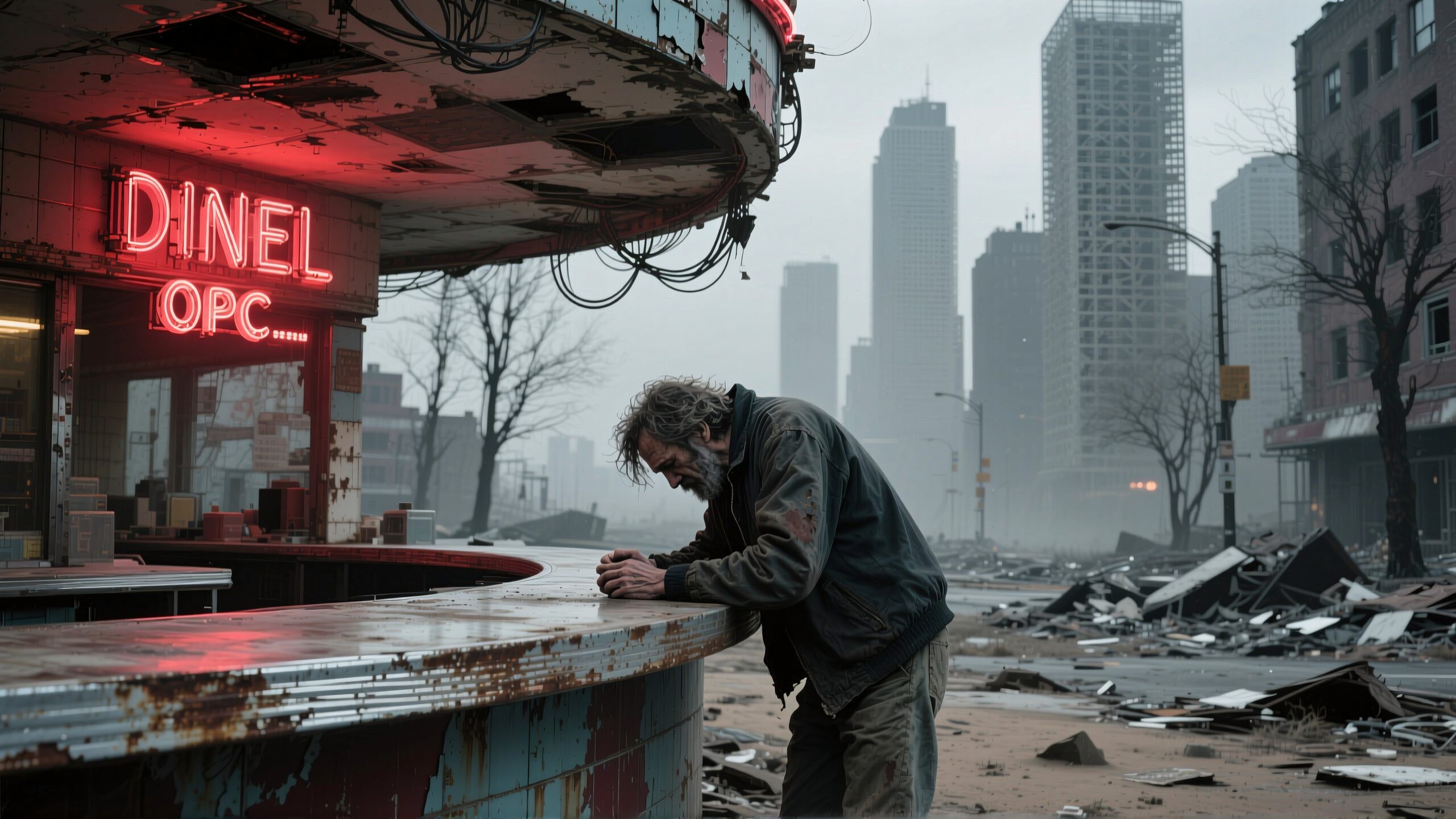 A solitary man leans in an abandoned diner amidst an urban wasteland with a flickering neon sign.