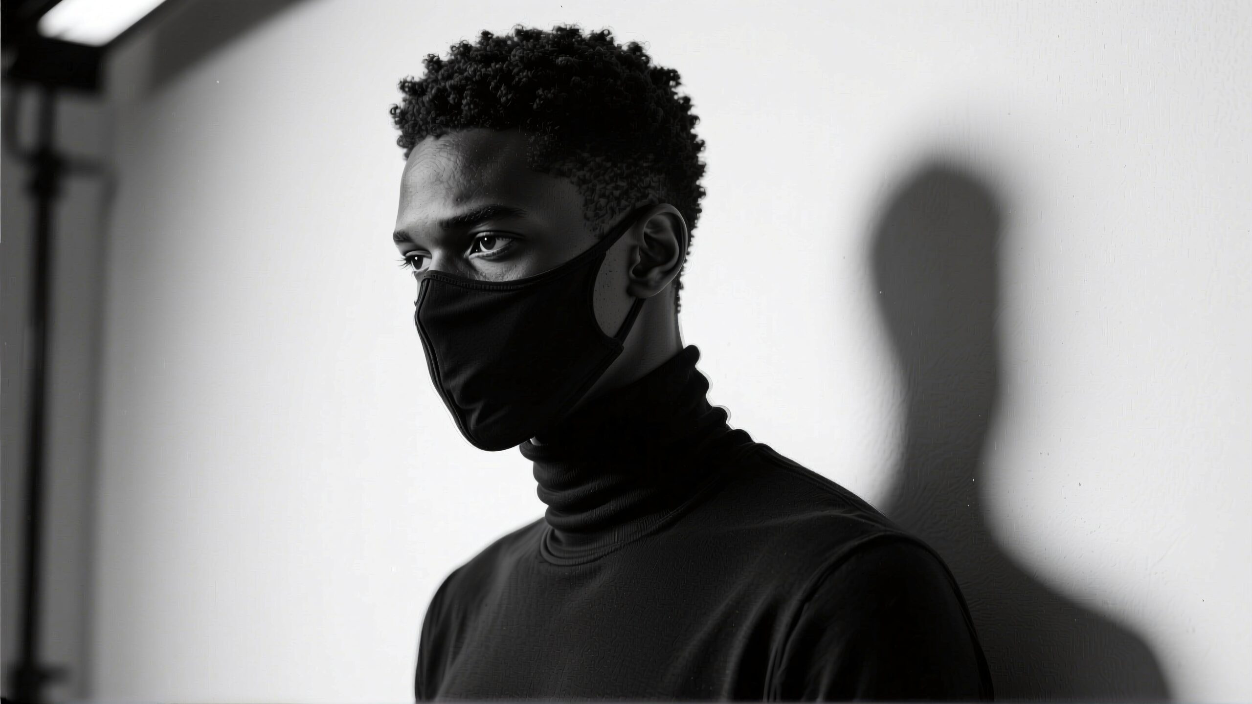 Black and white portrait of a person in a turtleneck wearing a mask with shadow on the wall.