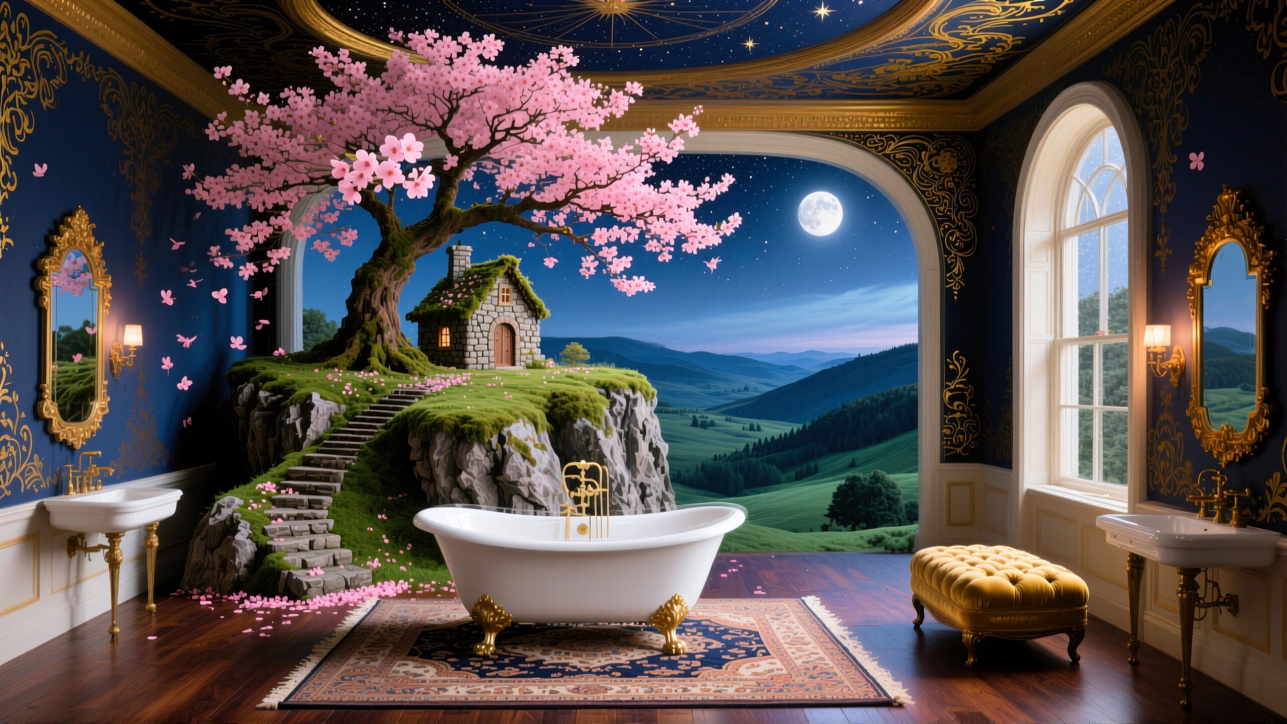 A luxurious bathroom with a surreal view featuring a moonlit landscape, cherry tree, and cozy cottage.