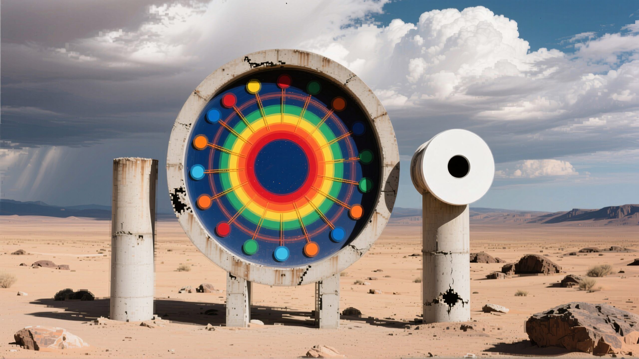 Surreal desert structure with colorful wheel.