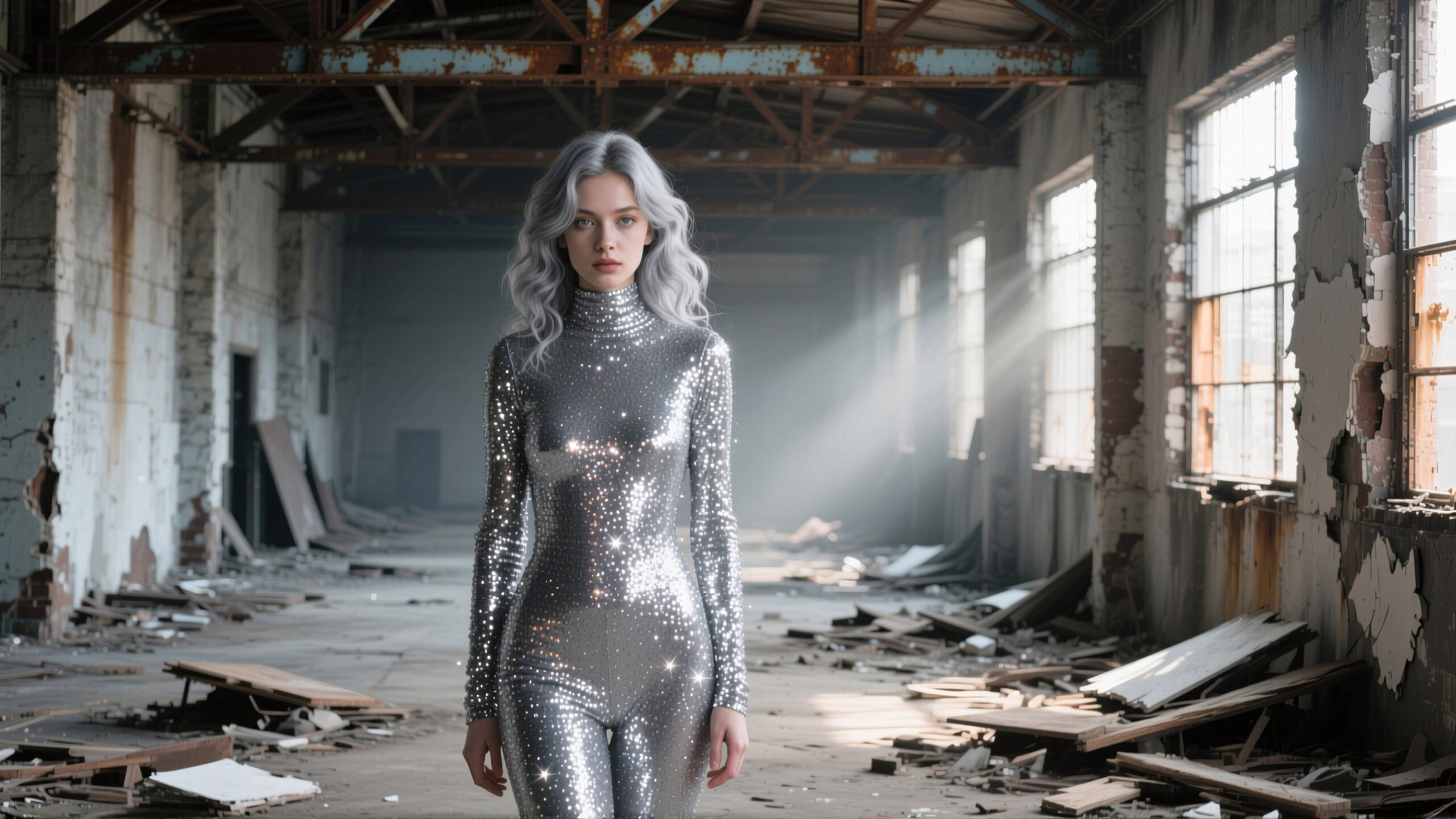 Woman in metallic bodysuit standing confidently in an abandoned warehouse with light streaming through windows.