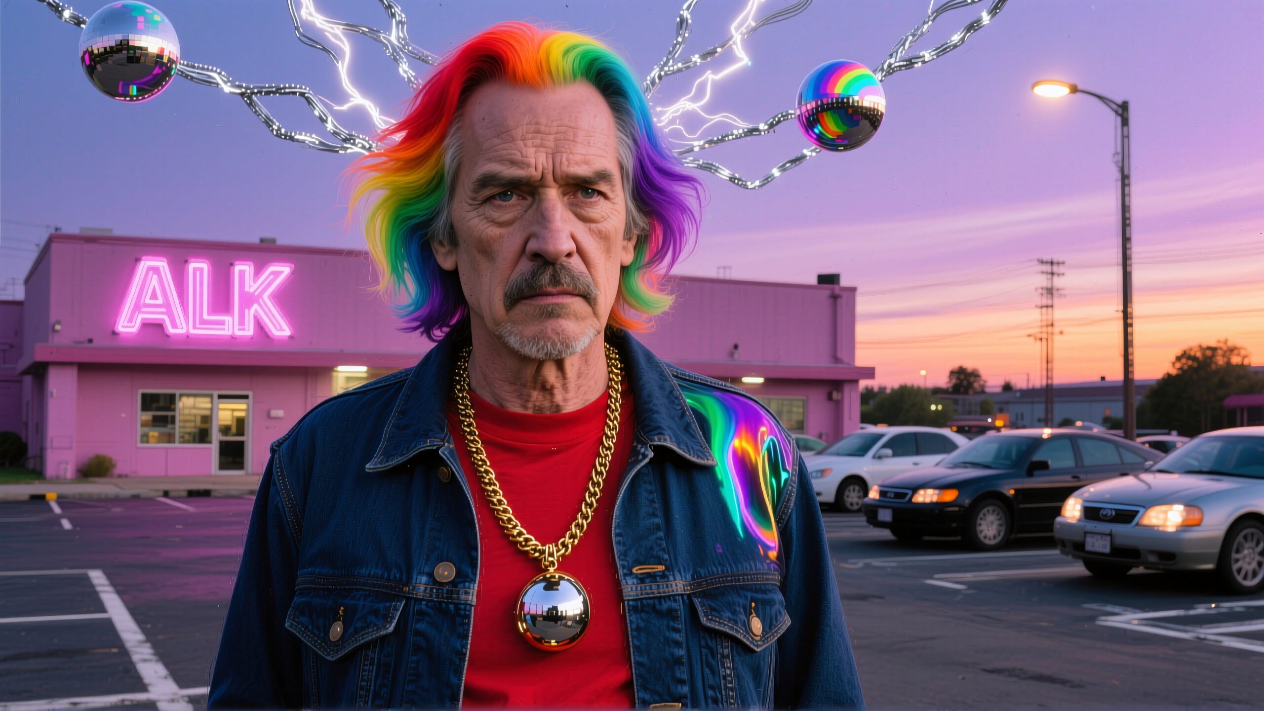 An older man with rainbow hair stands in a parking lot at dusk, metal spheres and neon lights create a vibrant and futuristic scene.