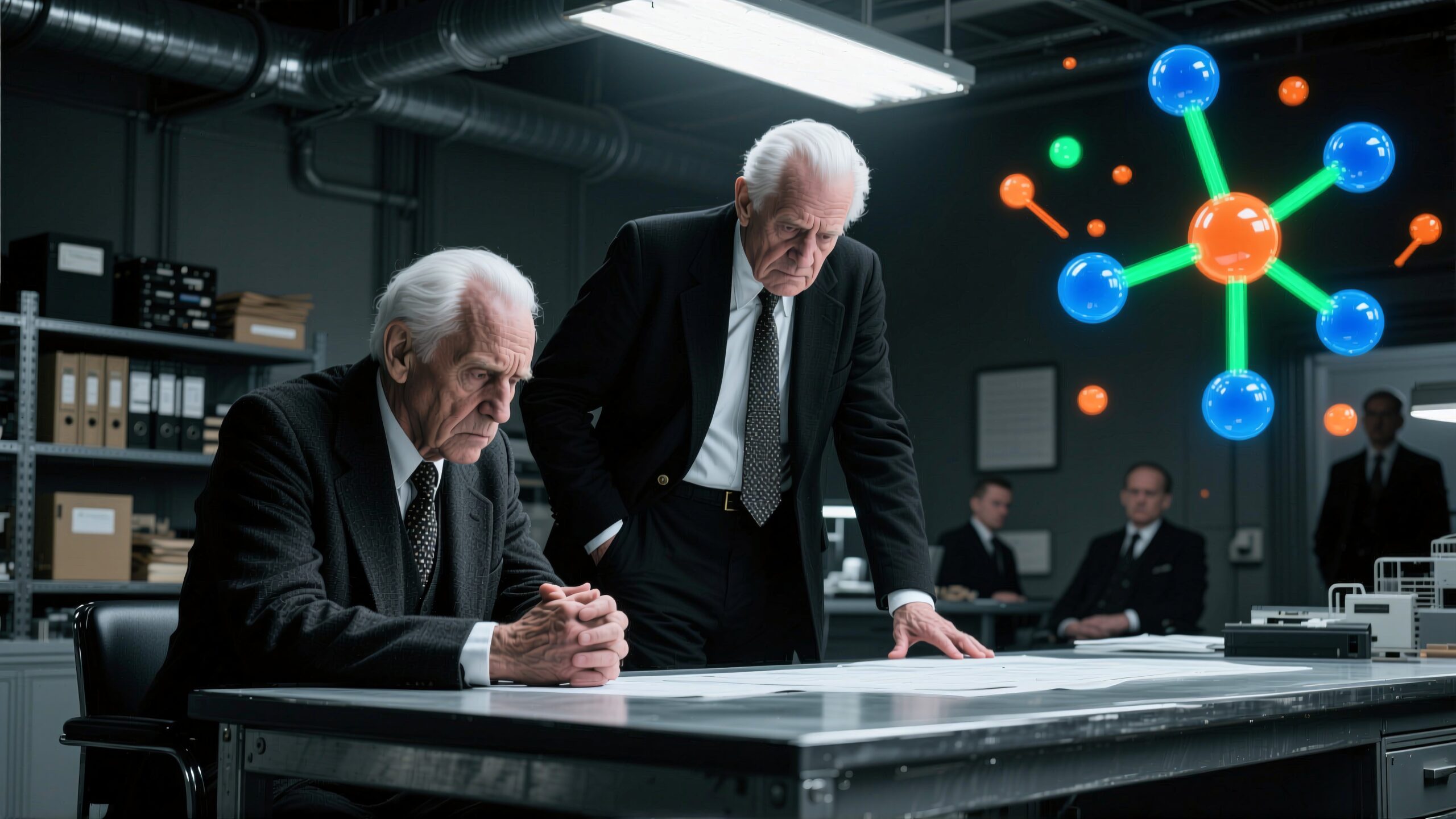 Futuristic office meeting with elderly men analyzing documents and a holographic molecular structure.
