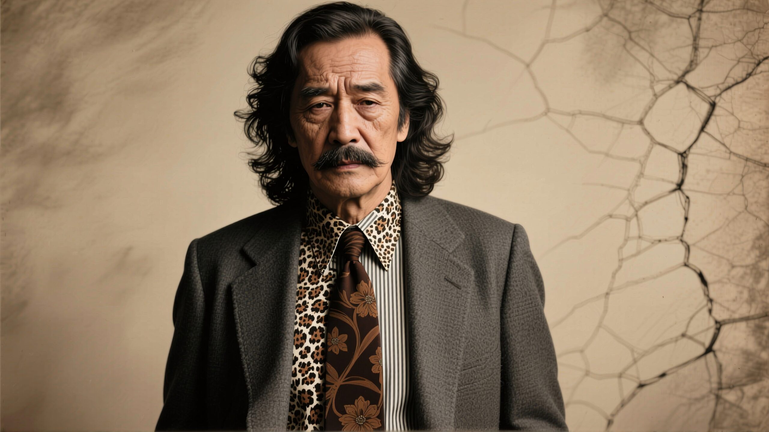Elderly man in patterned suit with a textured background.