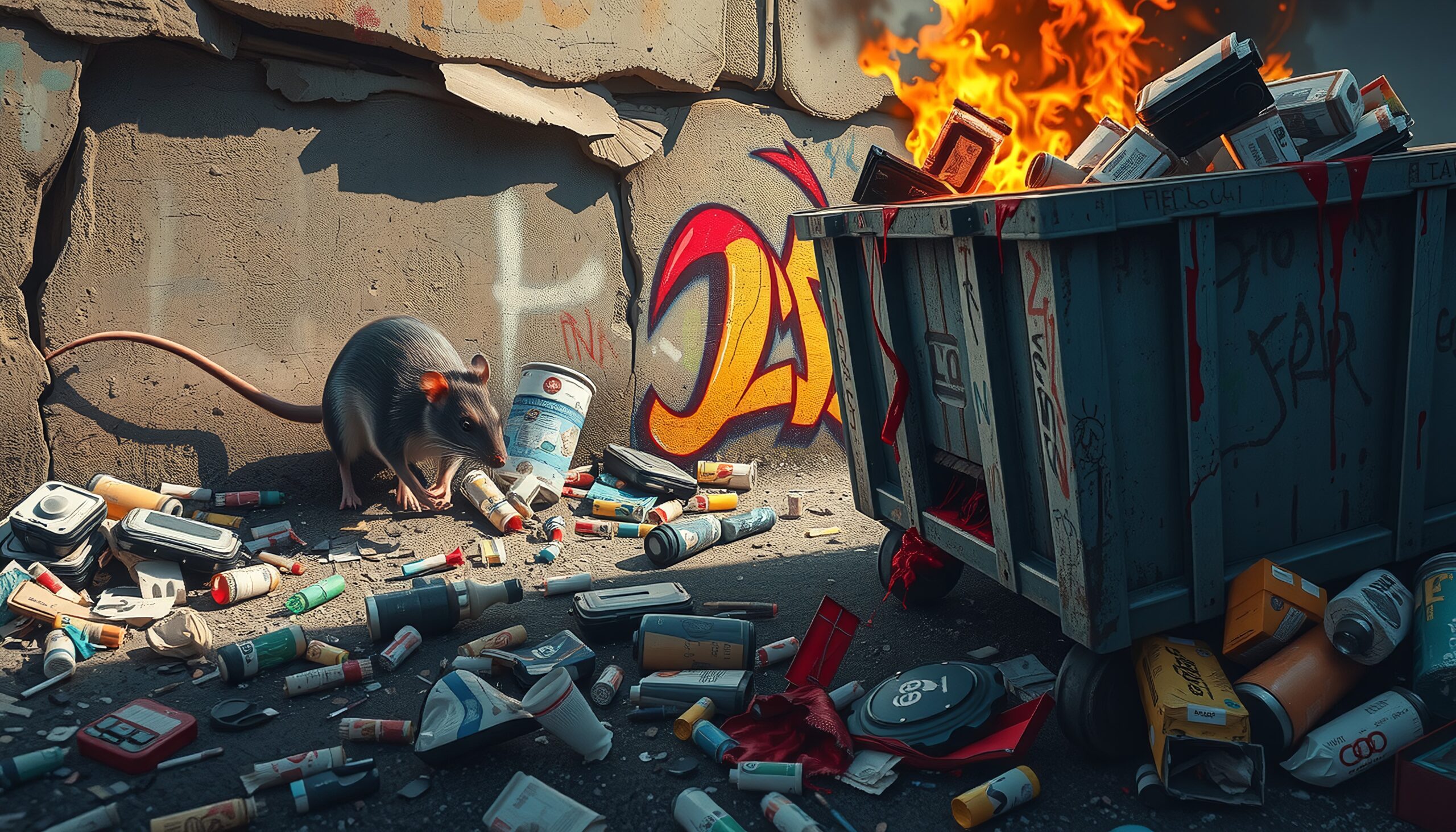 A vibrant urban alley scene with graffiti, a burning dumpster, scattered trash, and a curious rat.