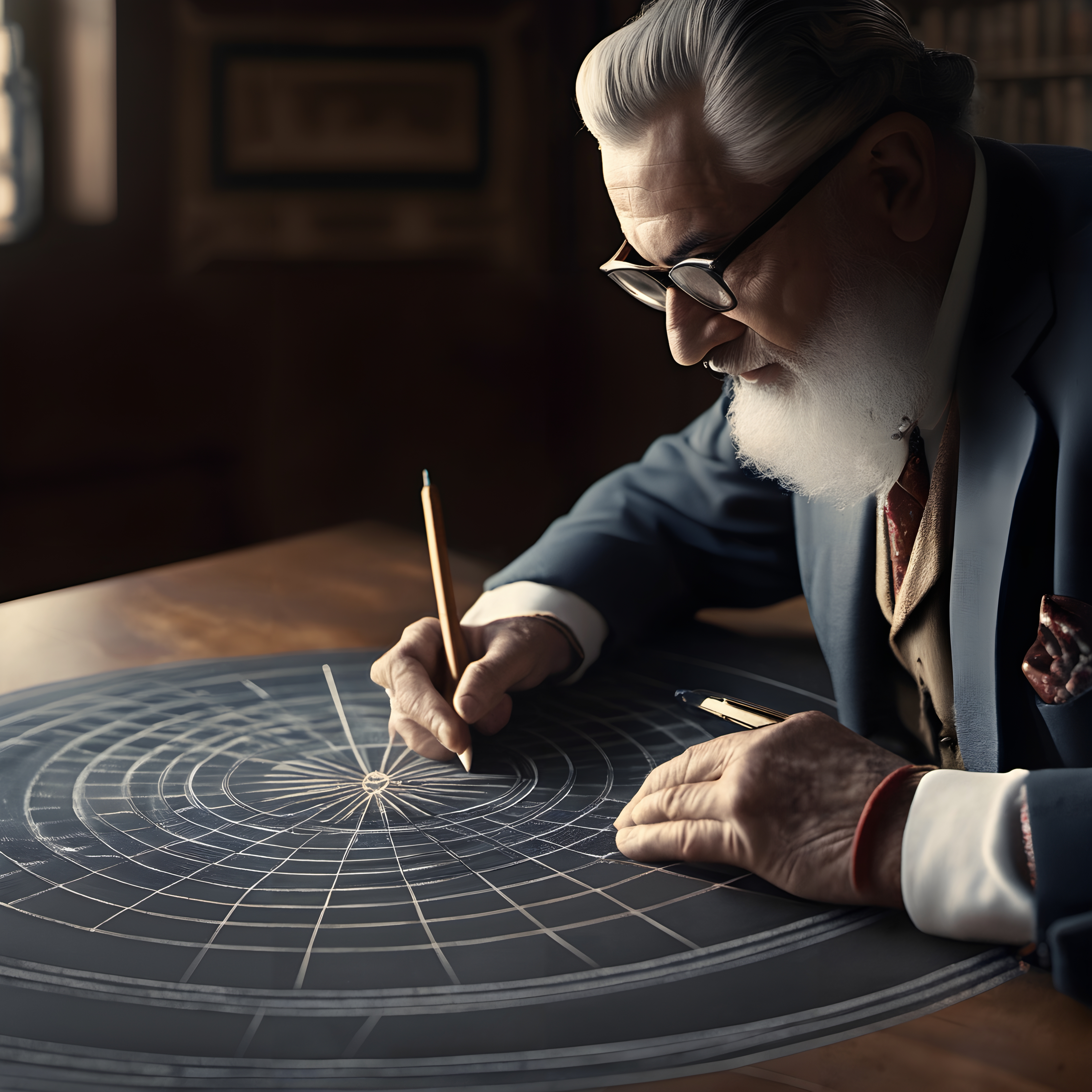 Elderly man drawing detailed geometric diagram in a study.