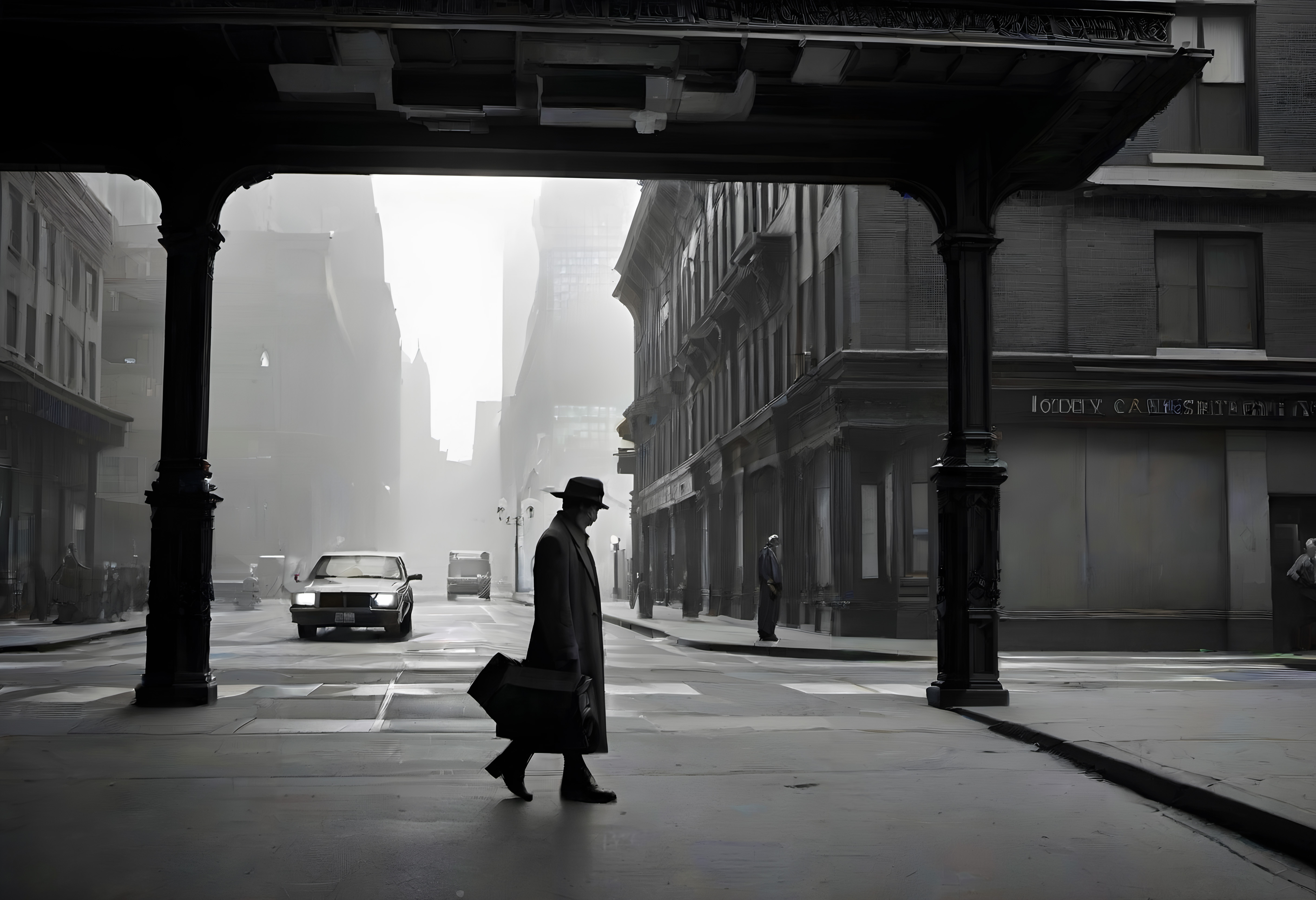 A man in a trench coat and fedora hat walks across a misty noir city street with vintage cars and classic buildings.