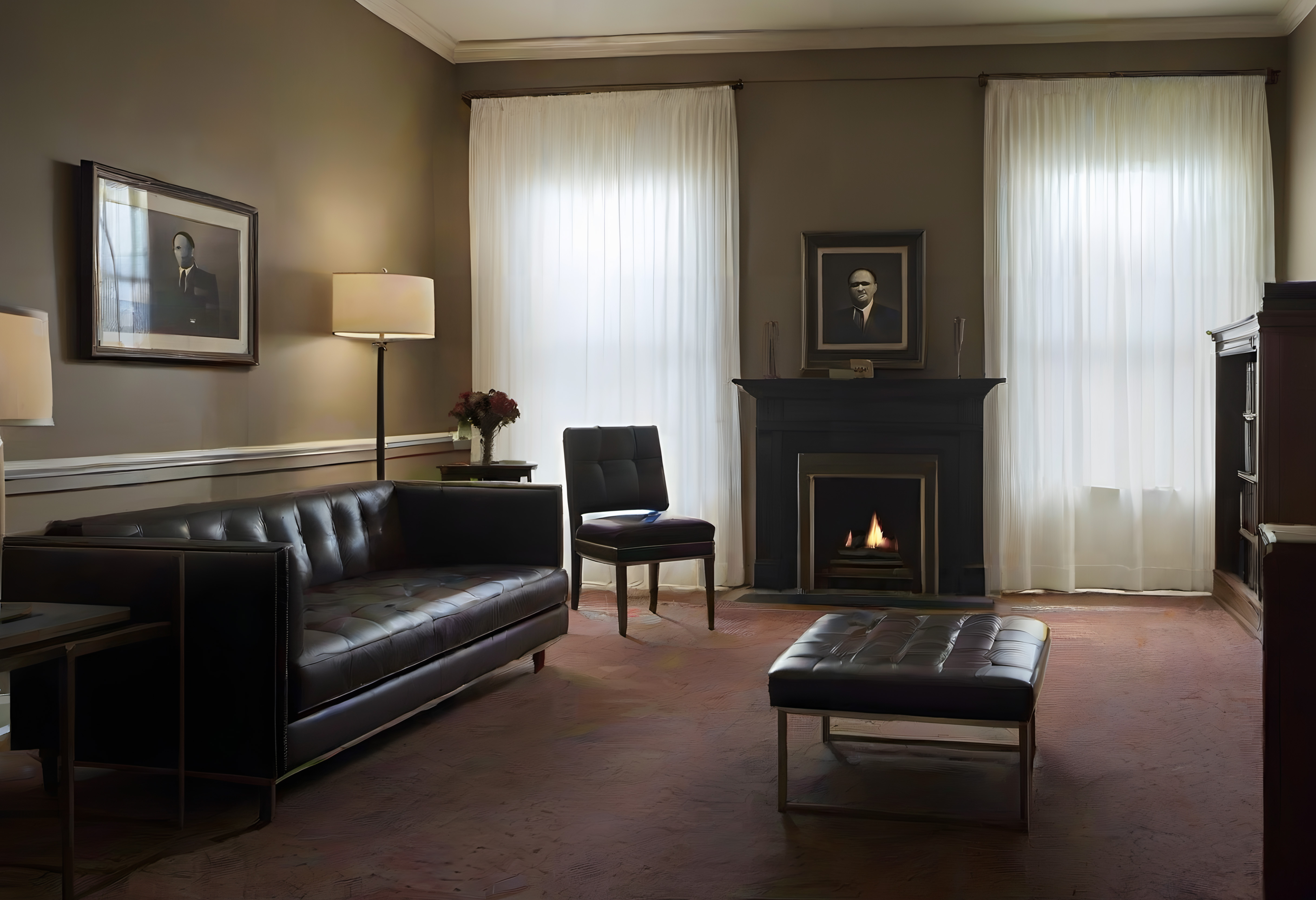 Elegant living room with leather sofa and fireplace.