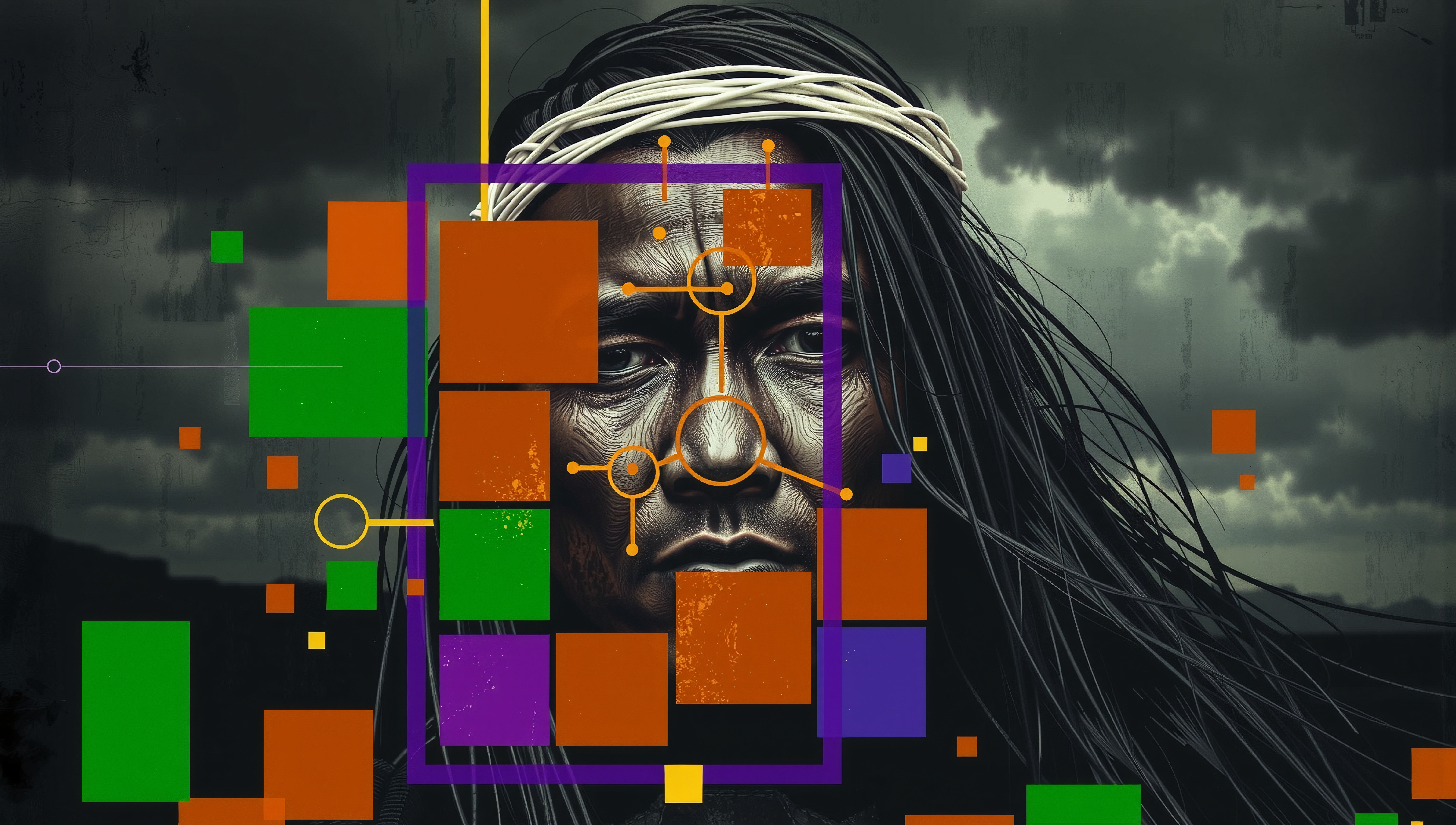 A person’s face with abstract geometric shapes and dramatic clouds in the background.