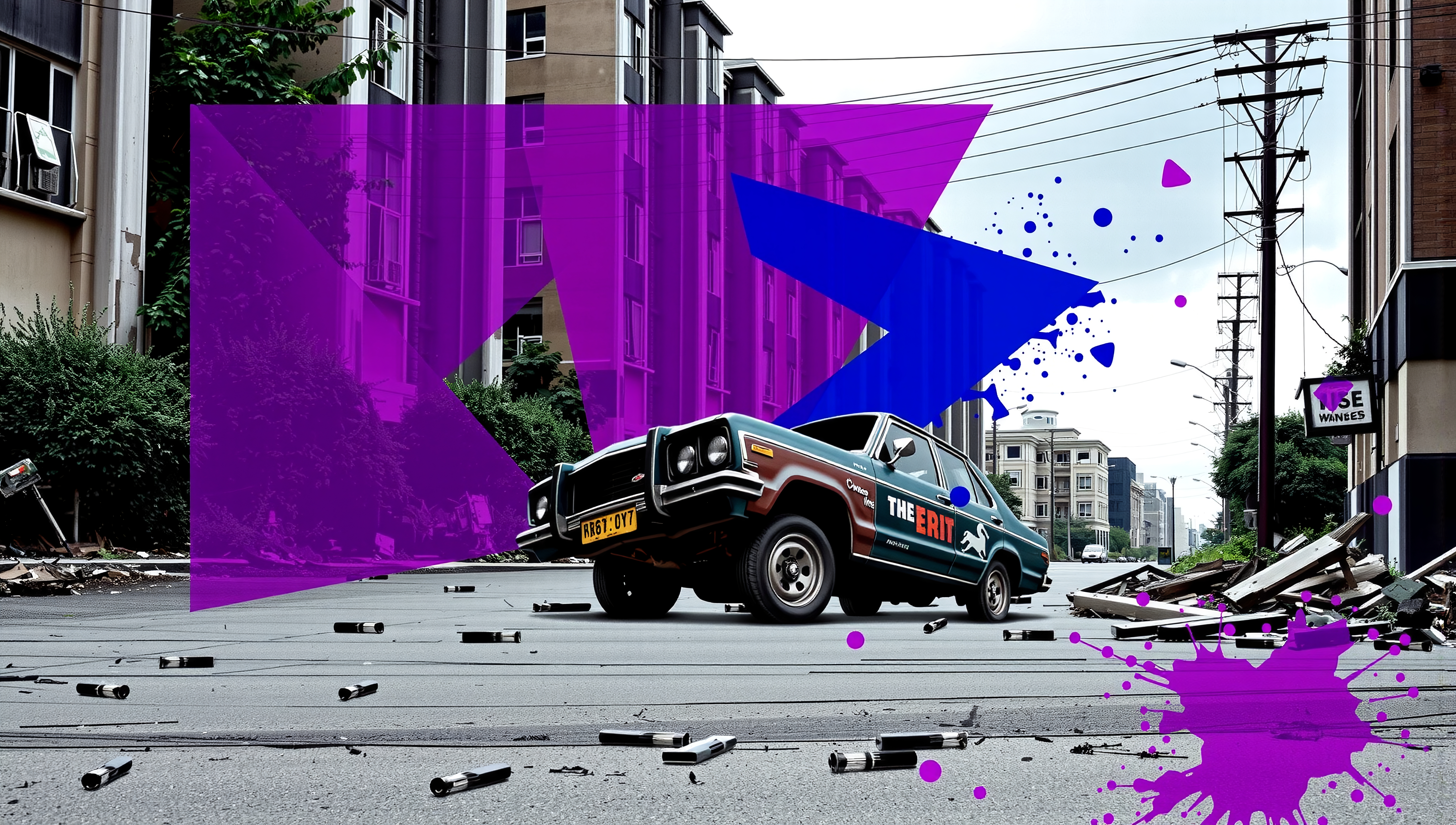 A vintage car on a colorful, artistic urban street scene.