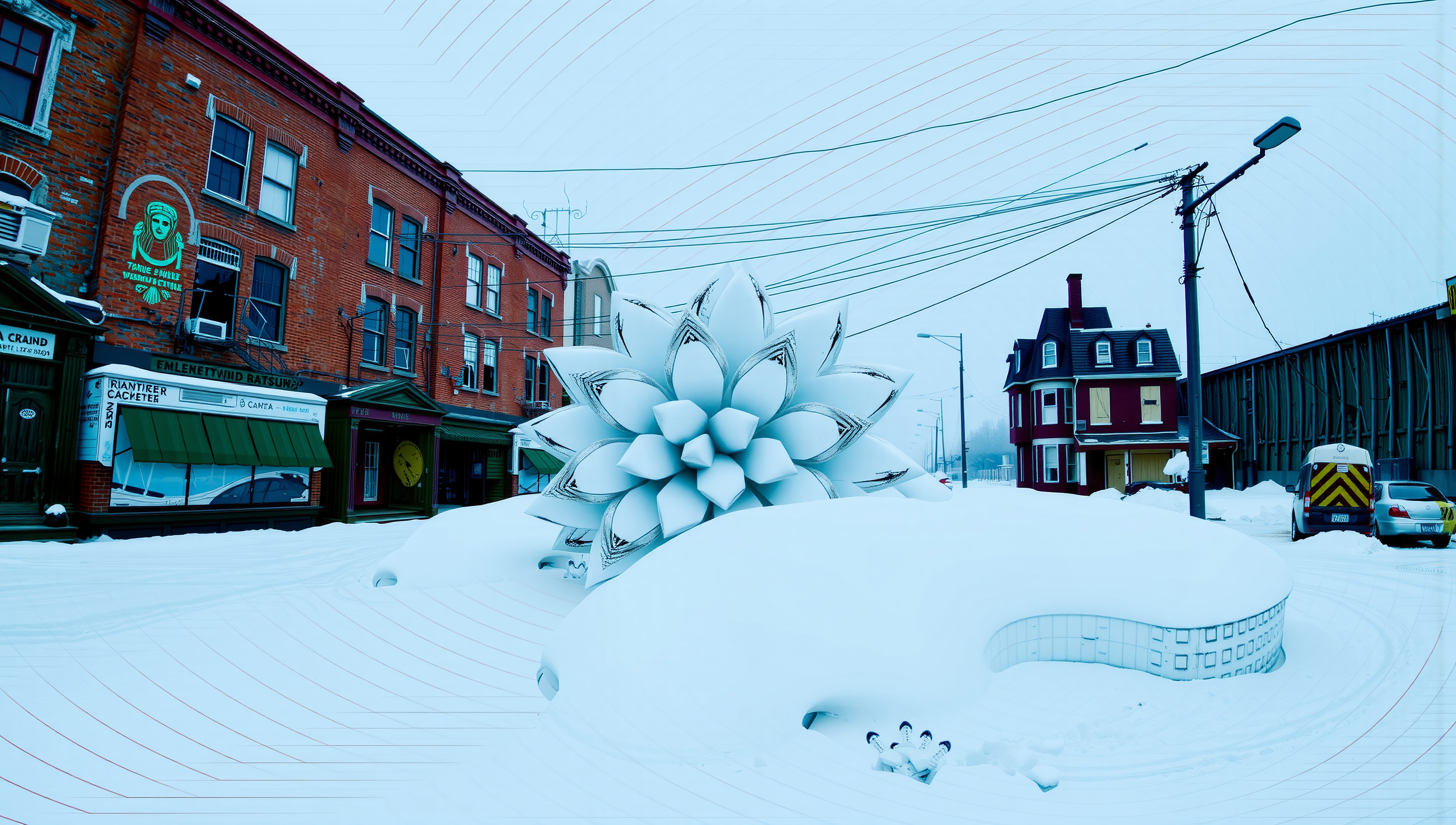 A large geometric snow flower sculpture in a snowy urban street with historic buildings.