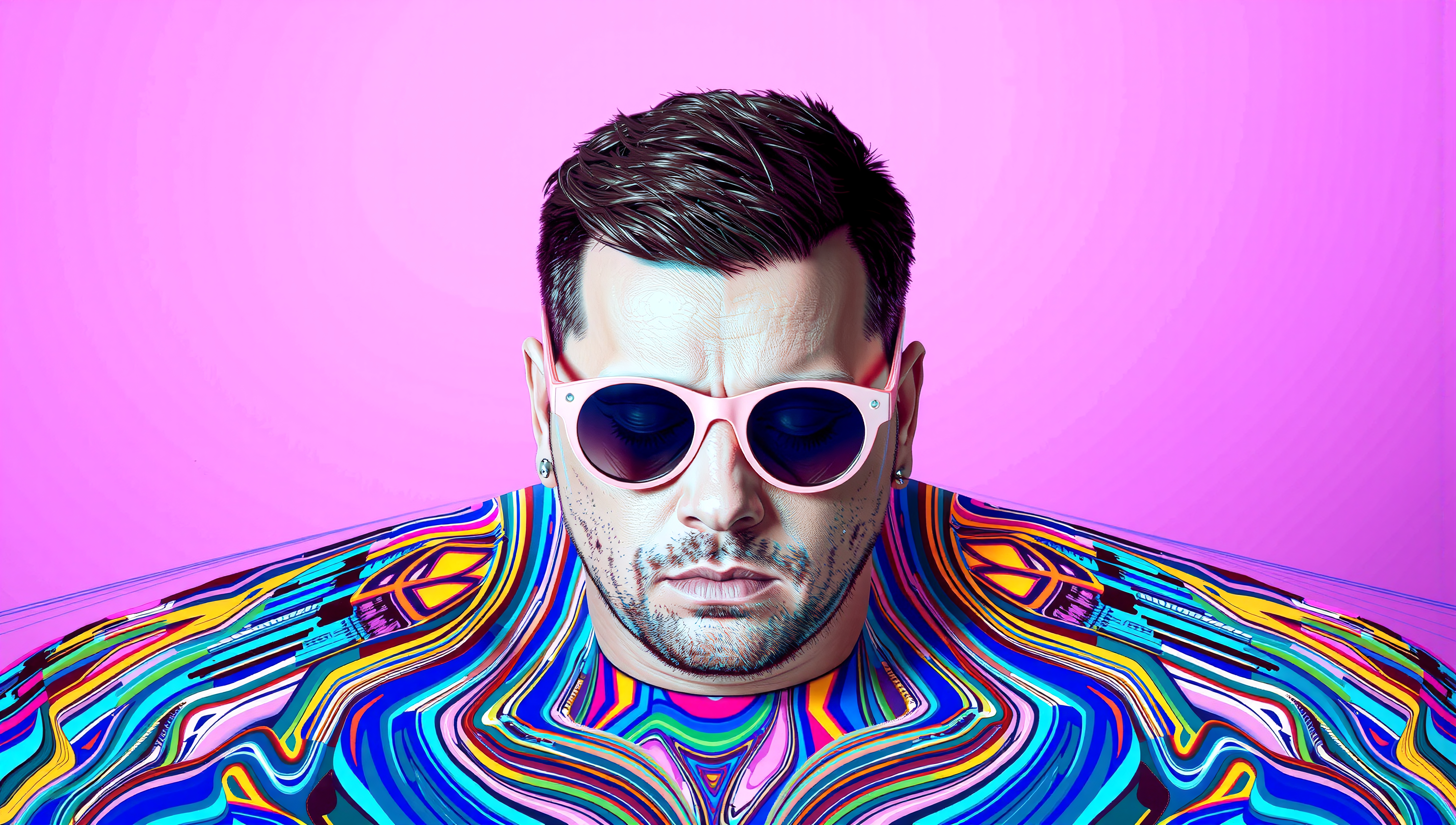 A man with pink sunglasses against a vivid pink background, featuring a psychedelic pattern.