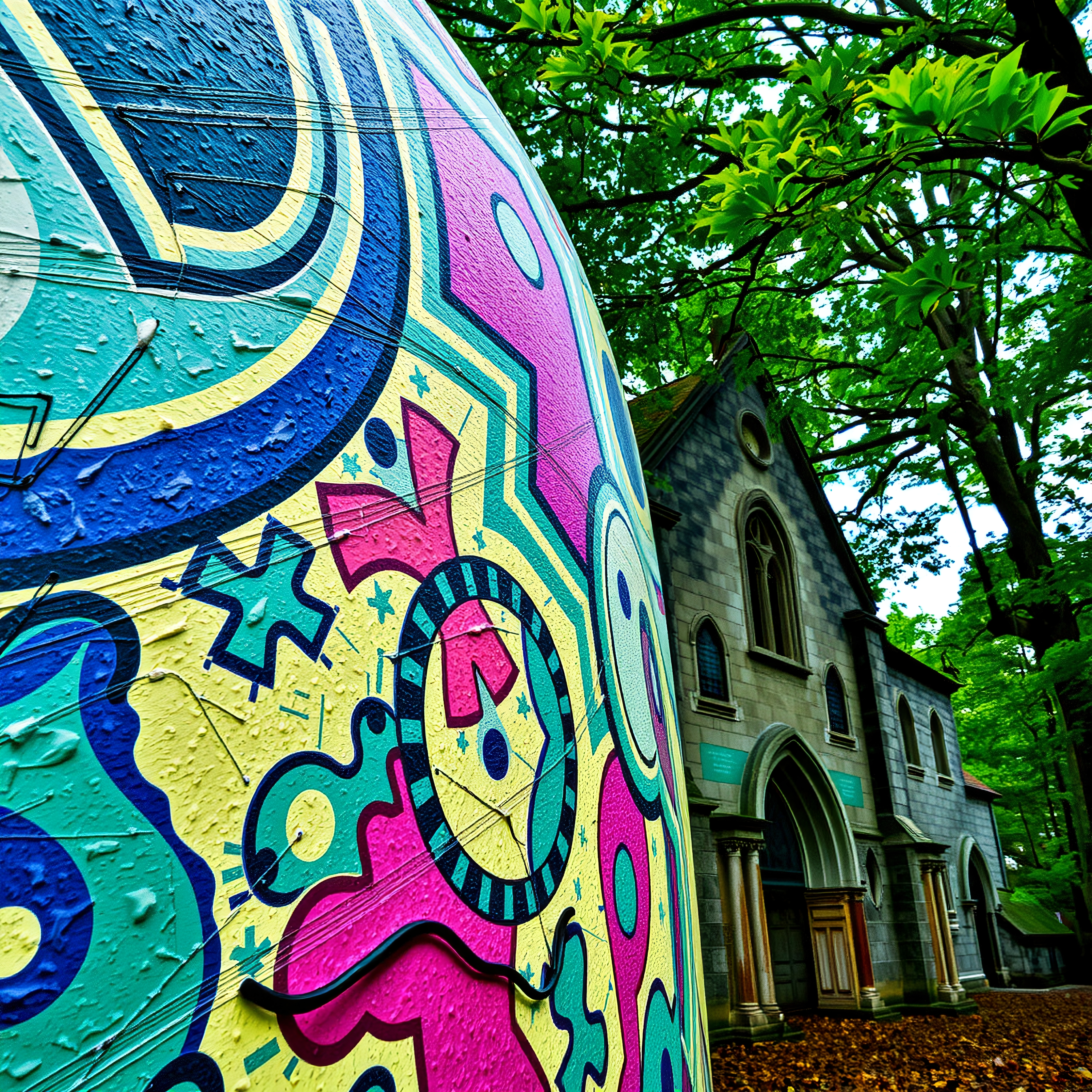 Colorful mural alongside historic architecture.